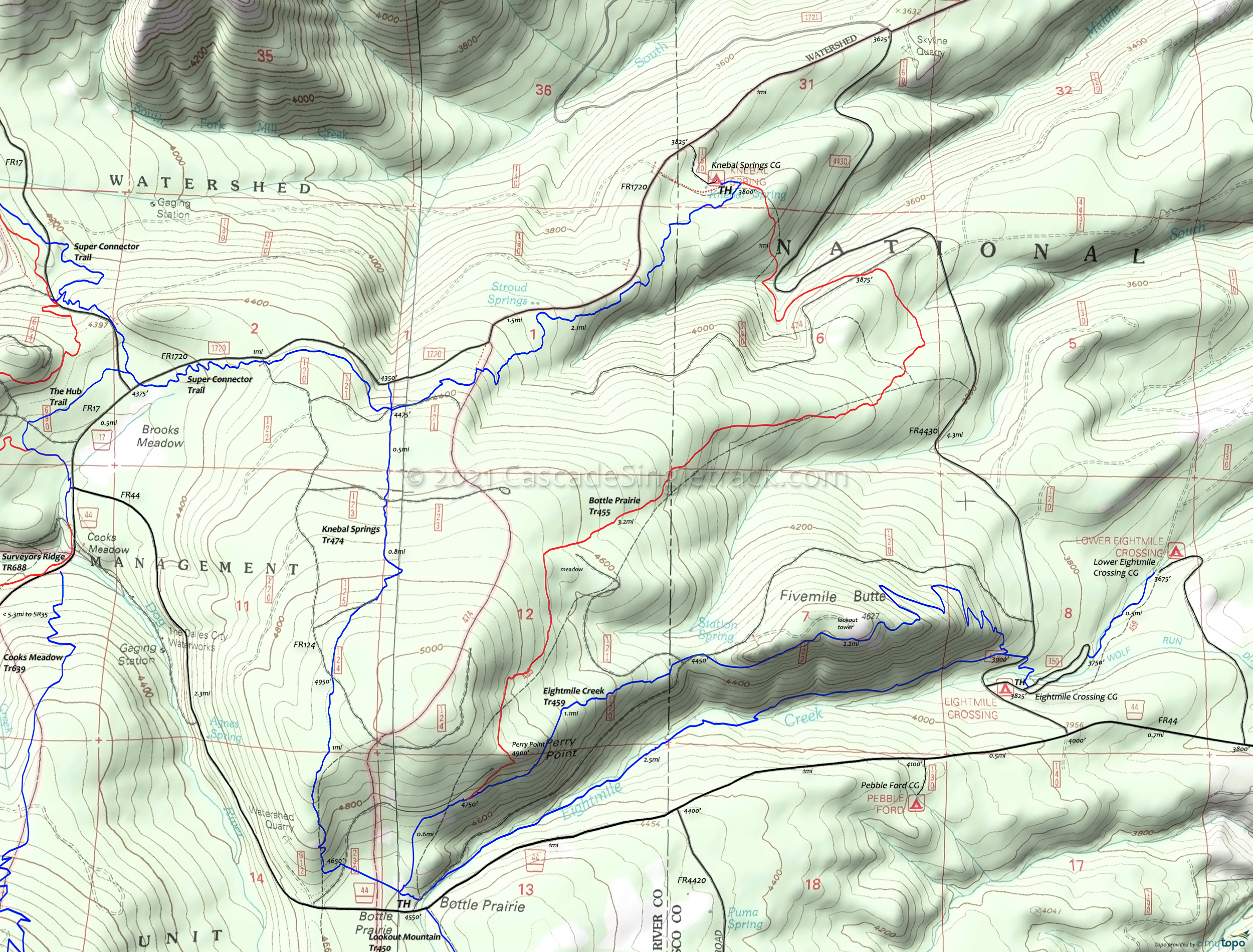 Bottle Prairie Trail 455, Eightmile Creek Trail 459, Knebal Springs Trail 474 Area Topo Map