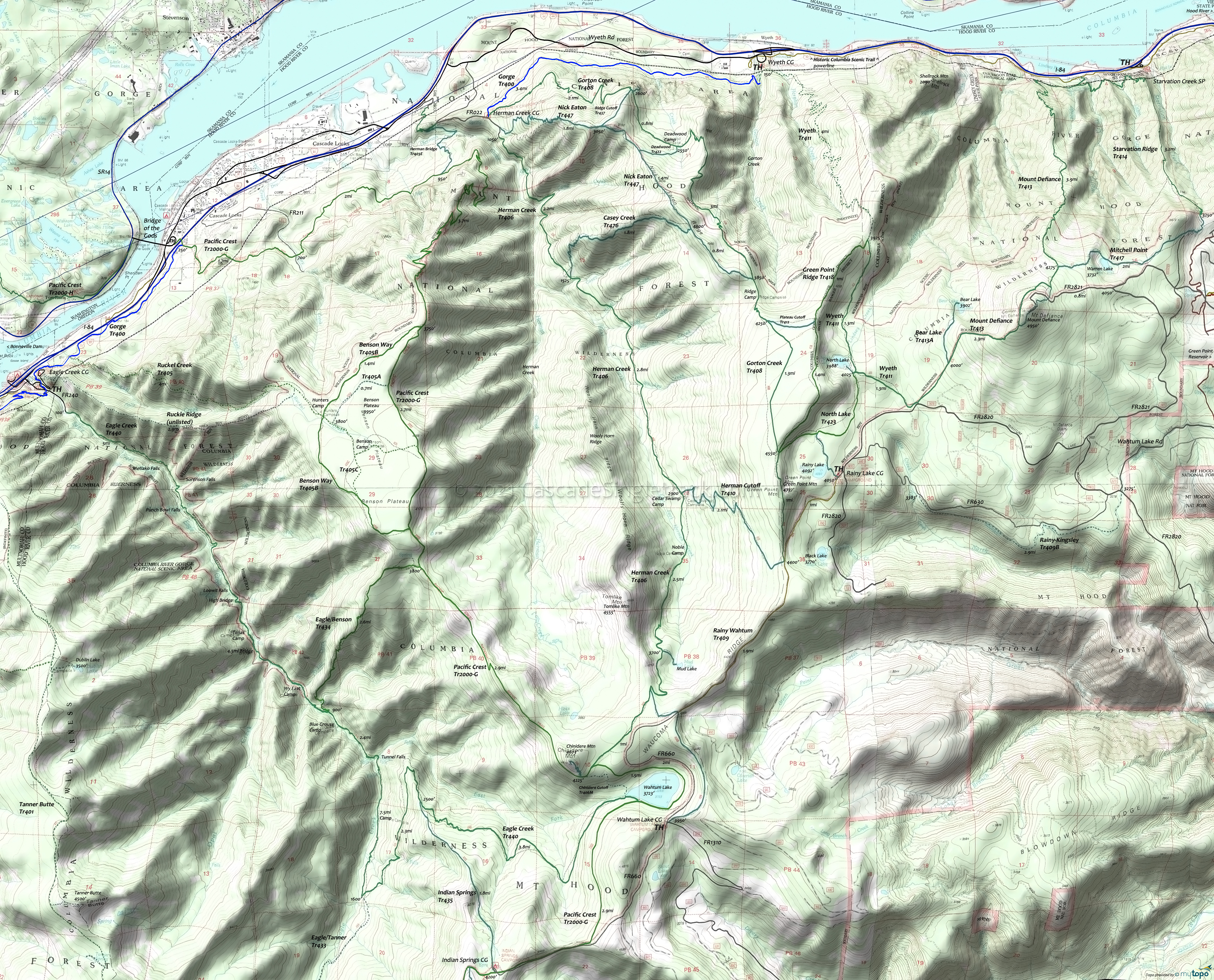 Wyeth, Mount Defiance, Eagle Creek, Herman Creek, Gorton Creek, Ruckle Creek Trails Area Topo Map