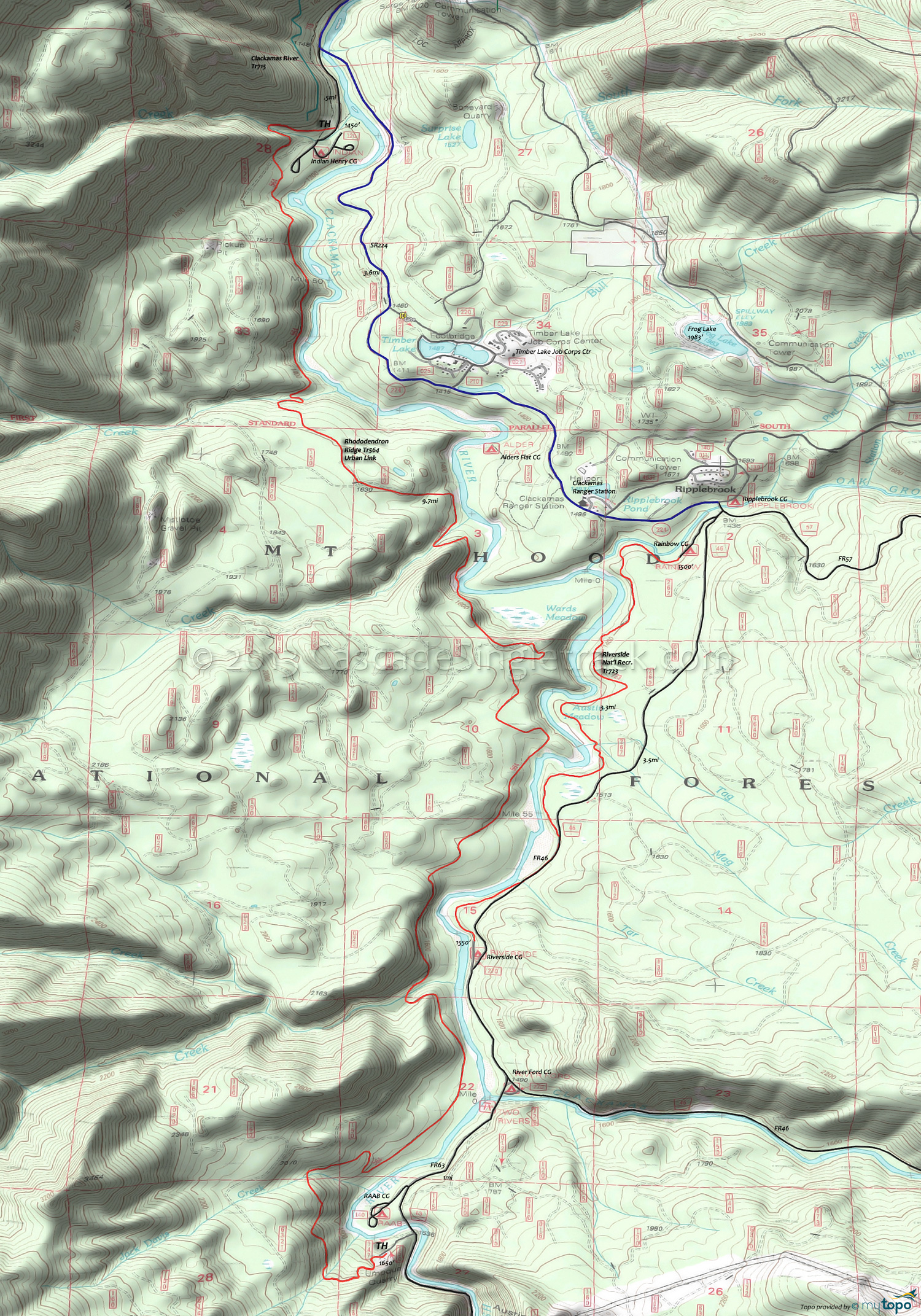 Rhododendron Urban Link Trail 564, Riverside National Recreation Trail 723 Area Topo Map