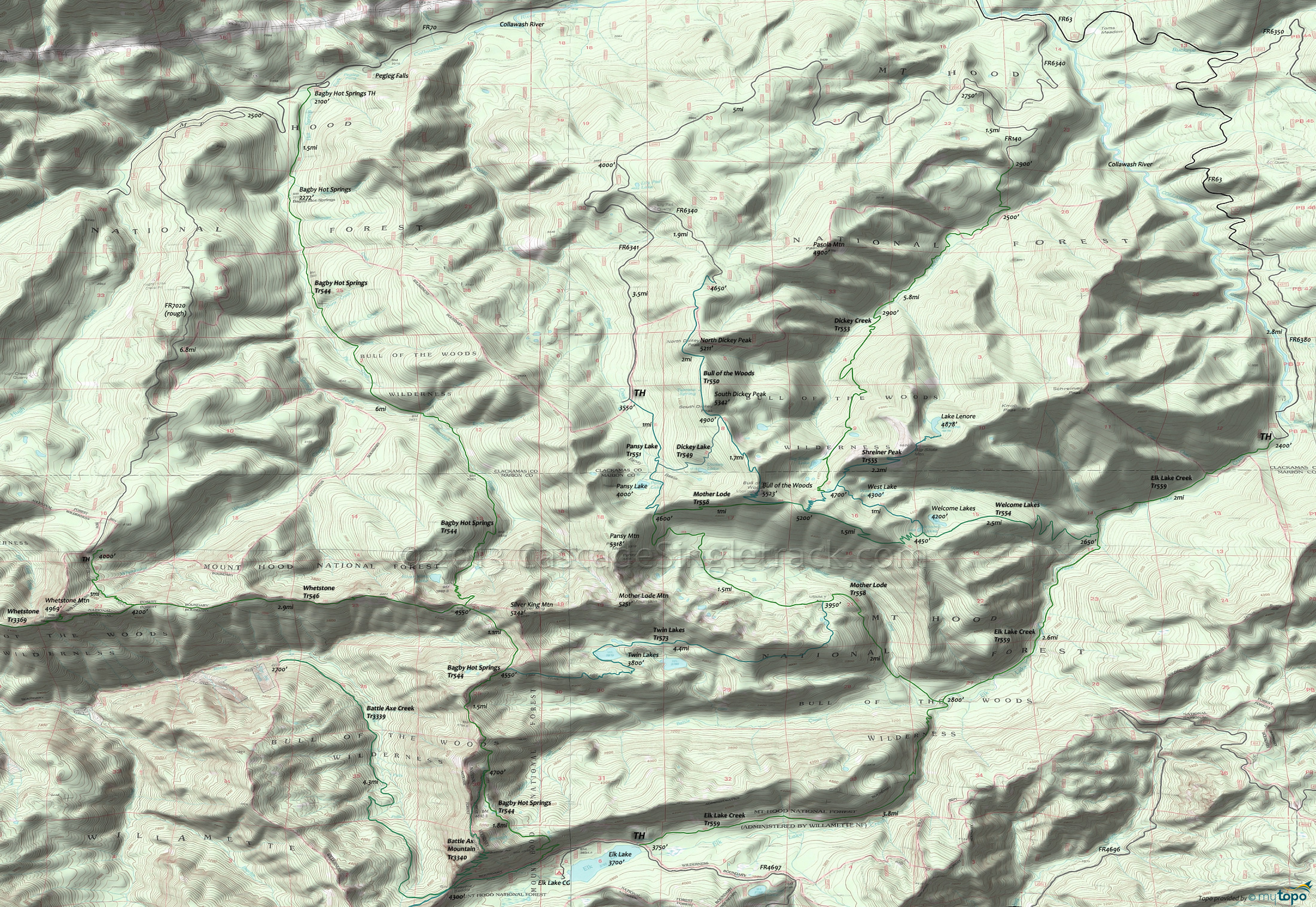 Bull-of-the-Woods Wilderness, Elk Lake Creek, Bagby Hot Springs Area Topo Map