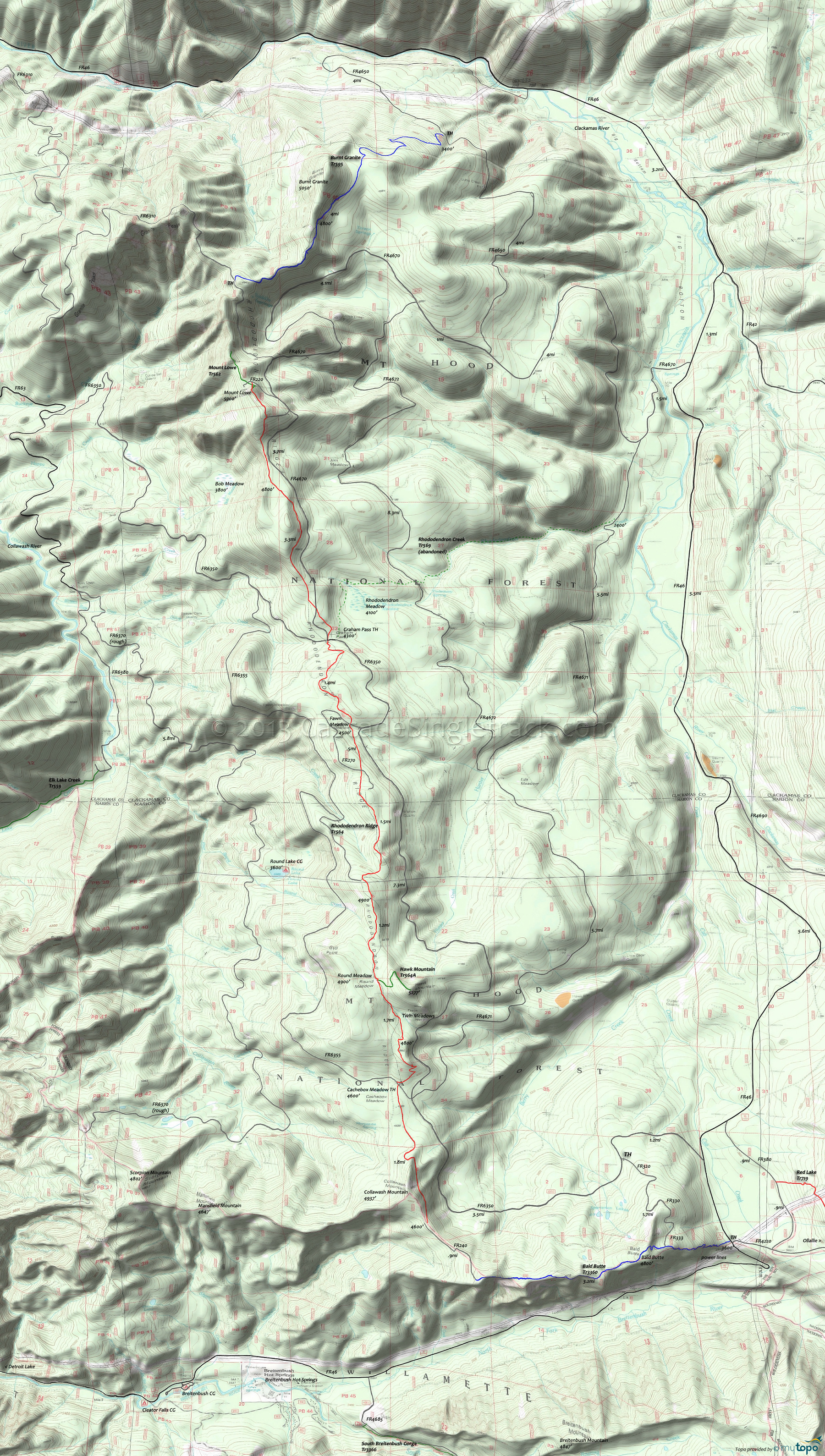 Bald Butte Trail 3360, Burnt Granite Trail 595, Hawk Mountain Trail 564A, Mount Lowe Trail 562, Rhododendron Creek Trail 569, Rhododendron Ridge Trail 564 Area Topo Map
