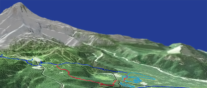 3D view of Sahalie Falls Trail #667C to Umbrella Falls Trail #667