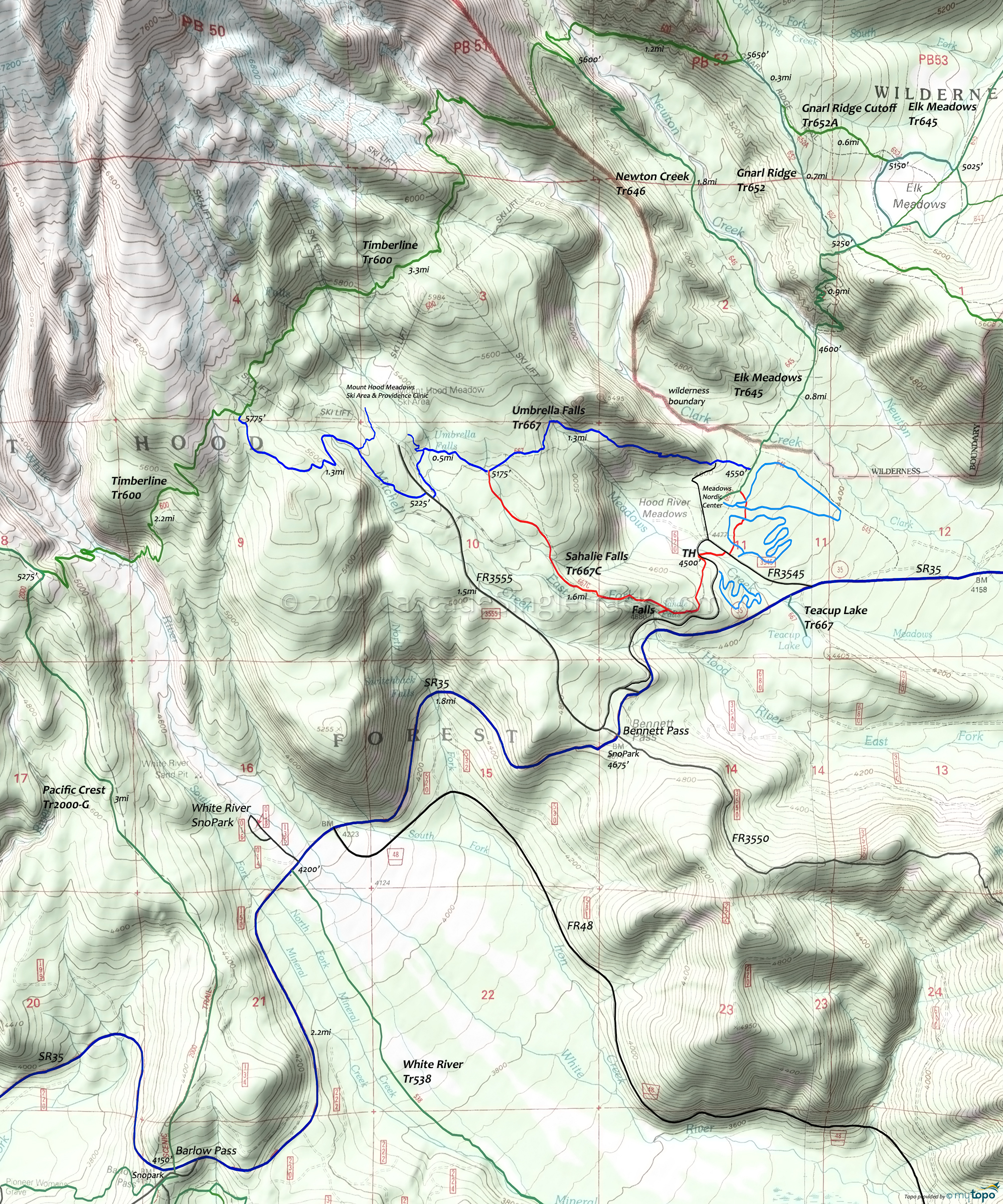 Sahalie Falls Trail 667C, Umbrella Falls Trail 667 Area Topo Map