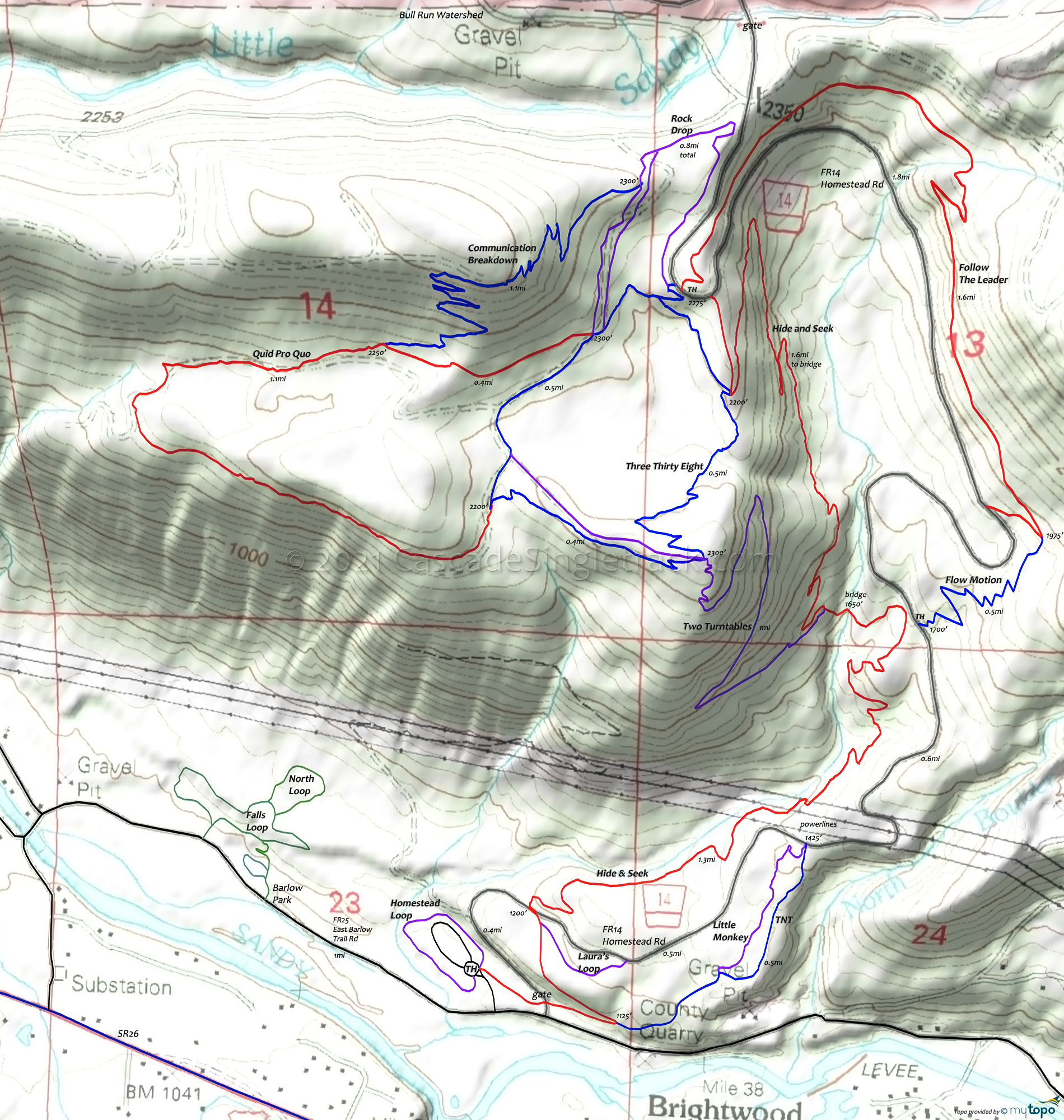 Sandy Ridge: Hide and Seek, Quid Pro Flow, Three Thirty Eight, Laura's Loop, Rock Drop Area Topo Map