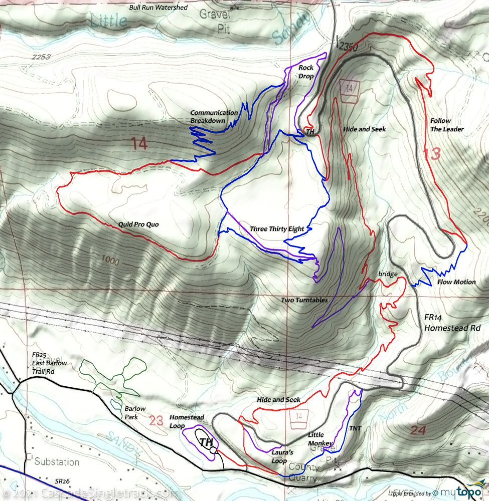 Sandy Ridge: Hide and Seek, Quid Pro Flow, Three Thirty Eight, Laura's Loop, Rock Drop Trails Topo Map