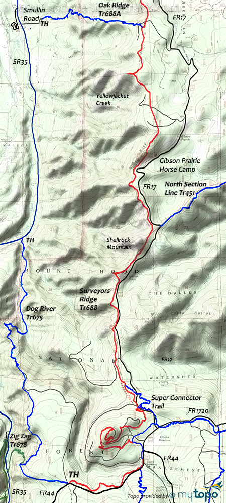 Surveyors Ridge, Dog River, Zig Zag, Oak Ridge Trails Topo Map