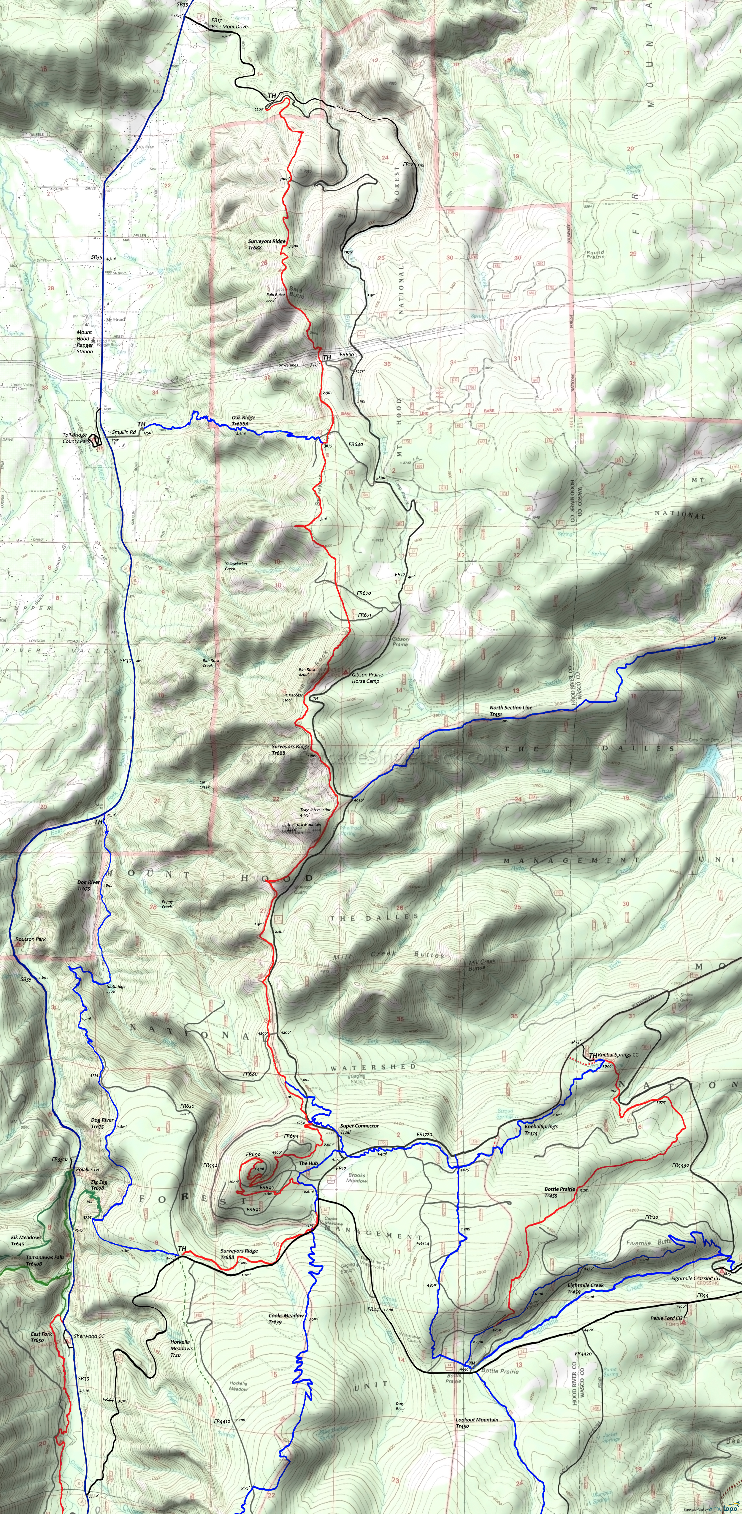 Dog River Trail 675, Oak Ridge Trail 688A, Surveyors Ridge Trail 688, Zig Zag Trail 678 Area Topo Map