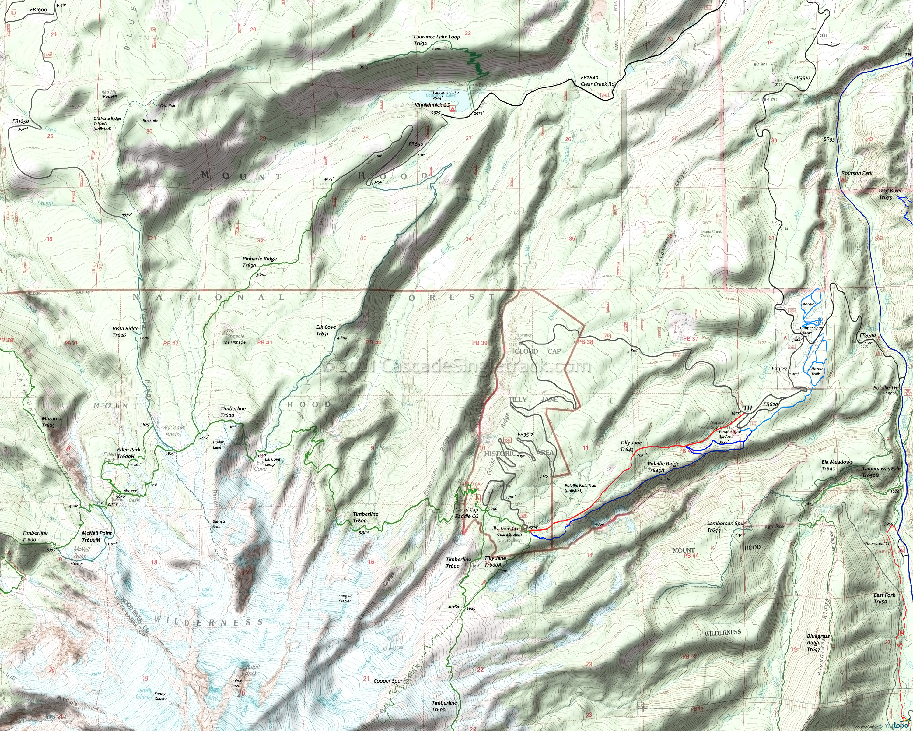 Polallie Falls Trail 29, Polallie Ridge Trail 643A, Tilly Jane Trail 643 Area Topo Map
