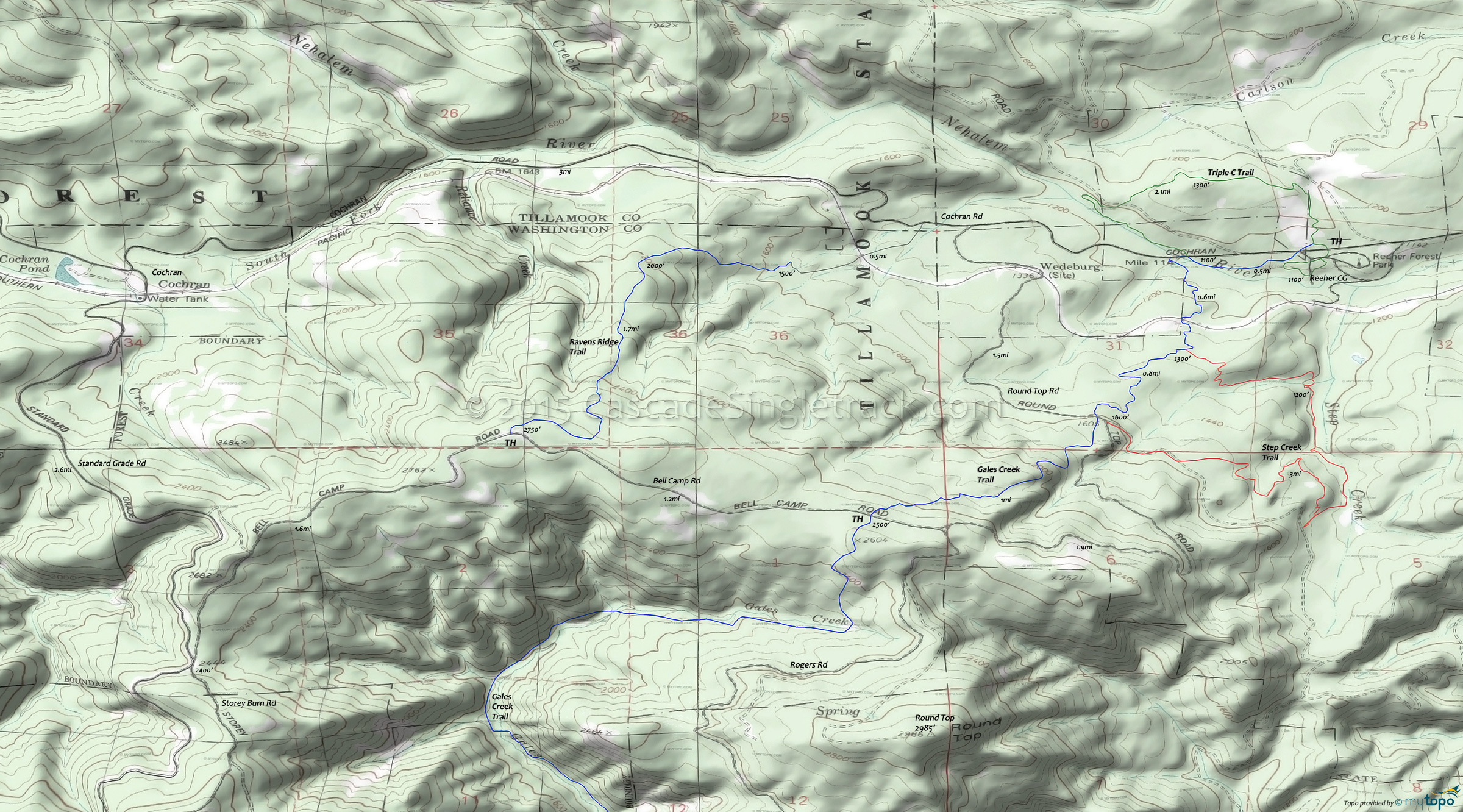 Ravens Ridge Trail, Step Creek Trail, Triple C Trail, Gales Creek Trail Area Topo Map