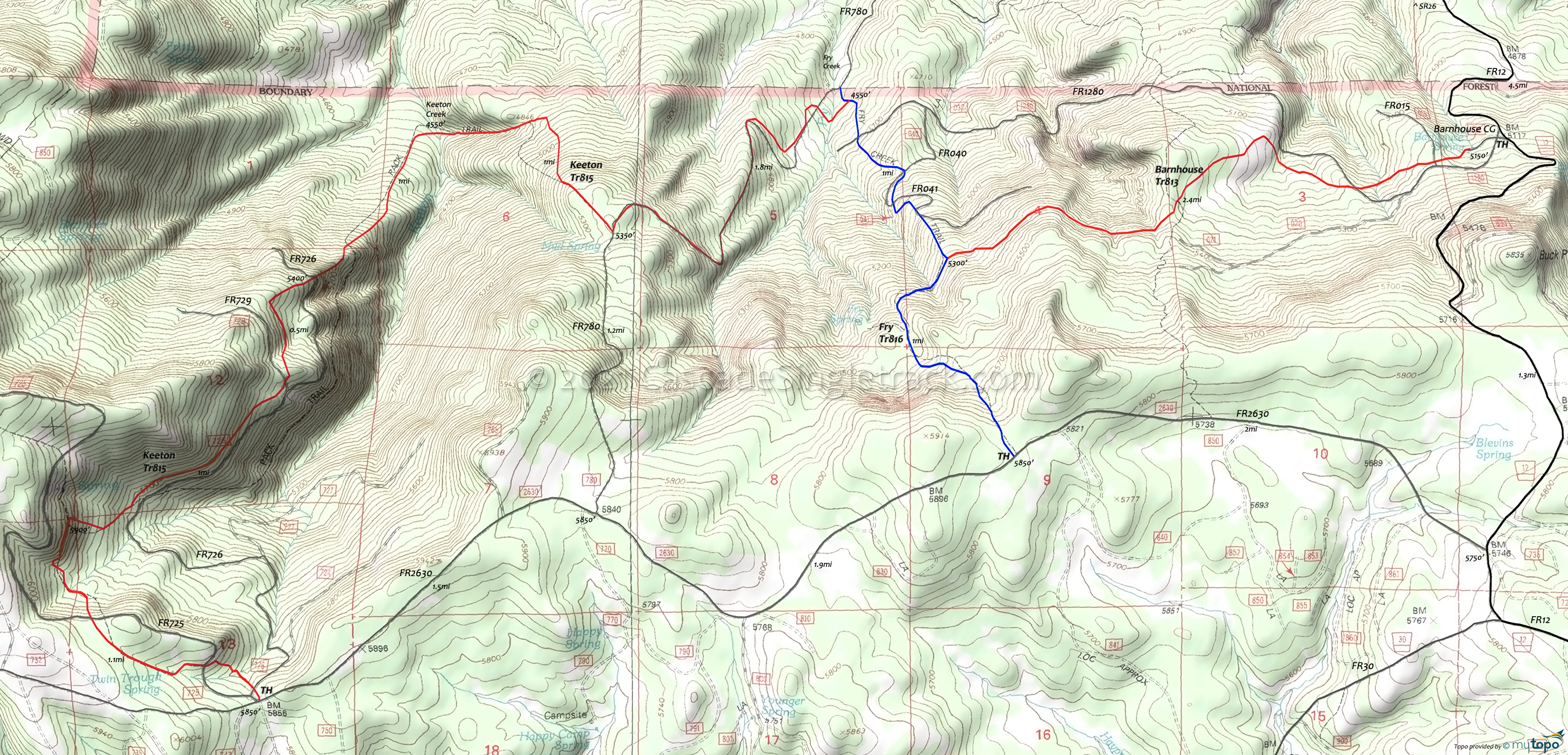 Barnhouse, Fry, Keeton Trails Area Topo Map