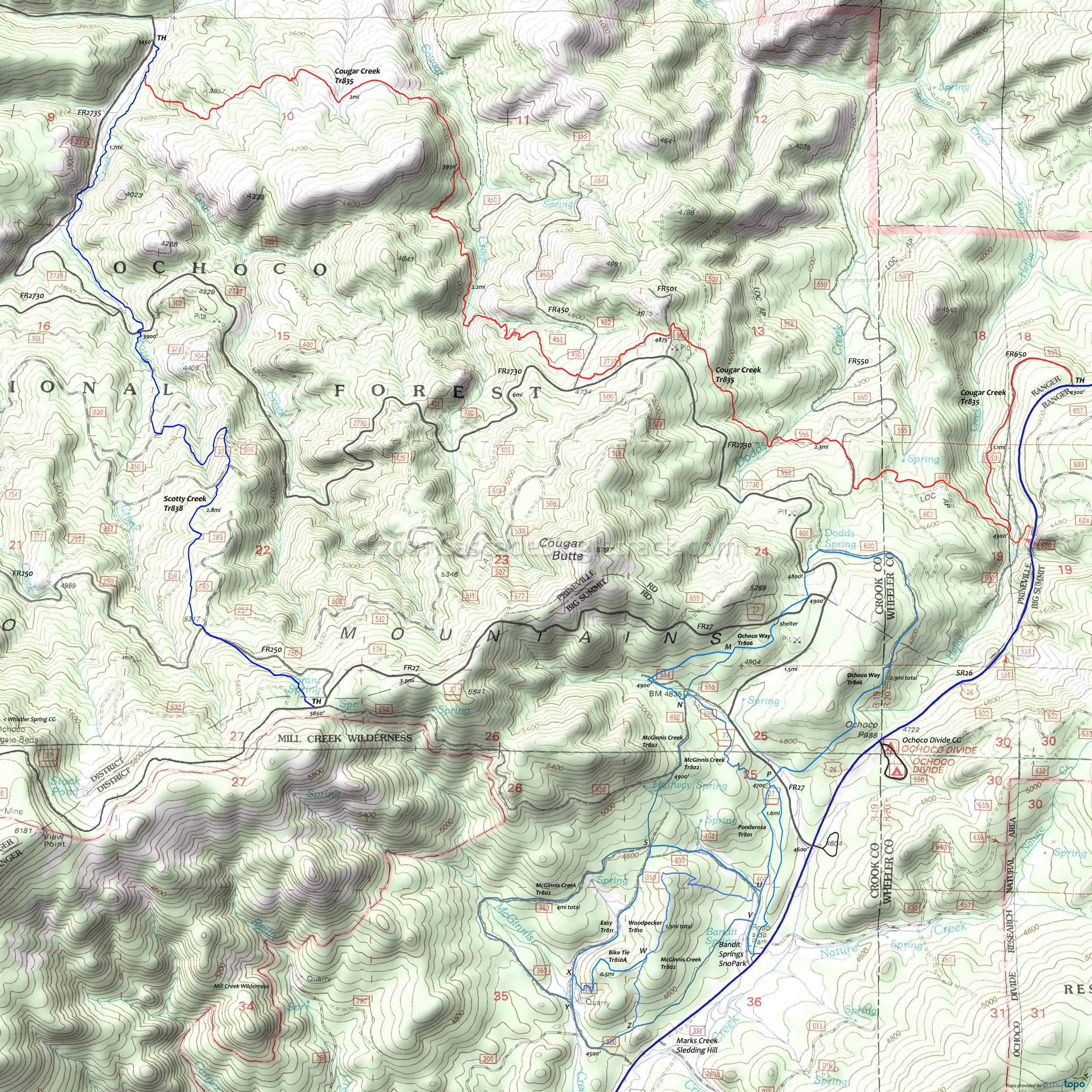 Cougar Creek and Bandit Springs XC Ski Trails Area Topo Map