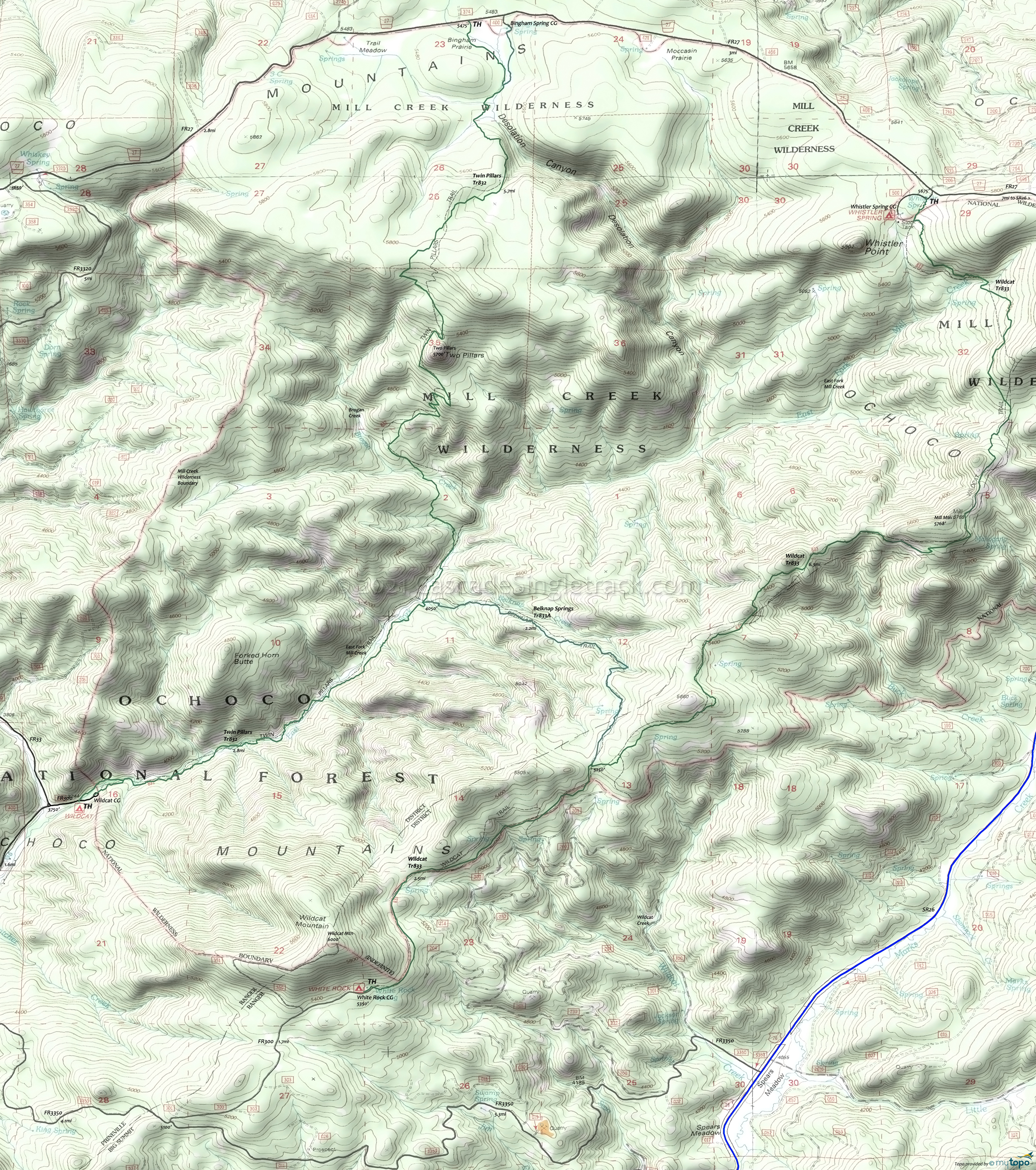 Mill Creek Wilderness Trails Area Topo Map