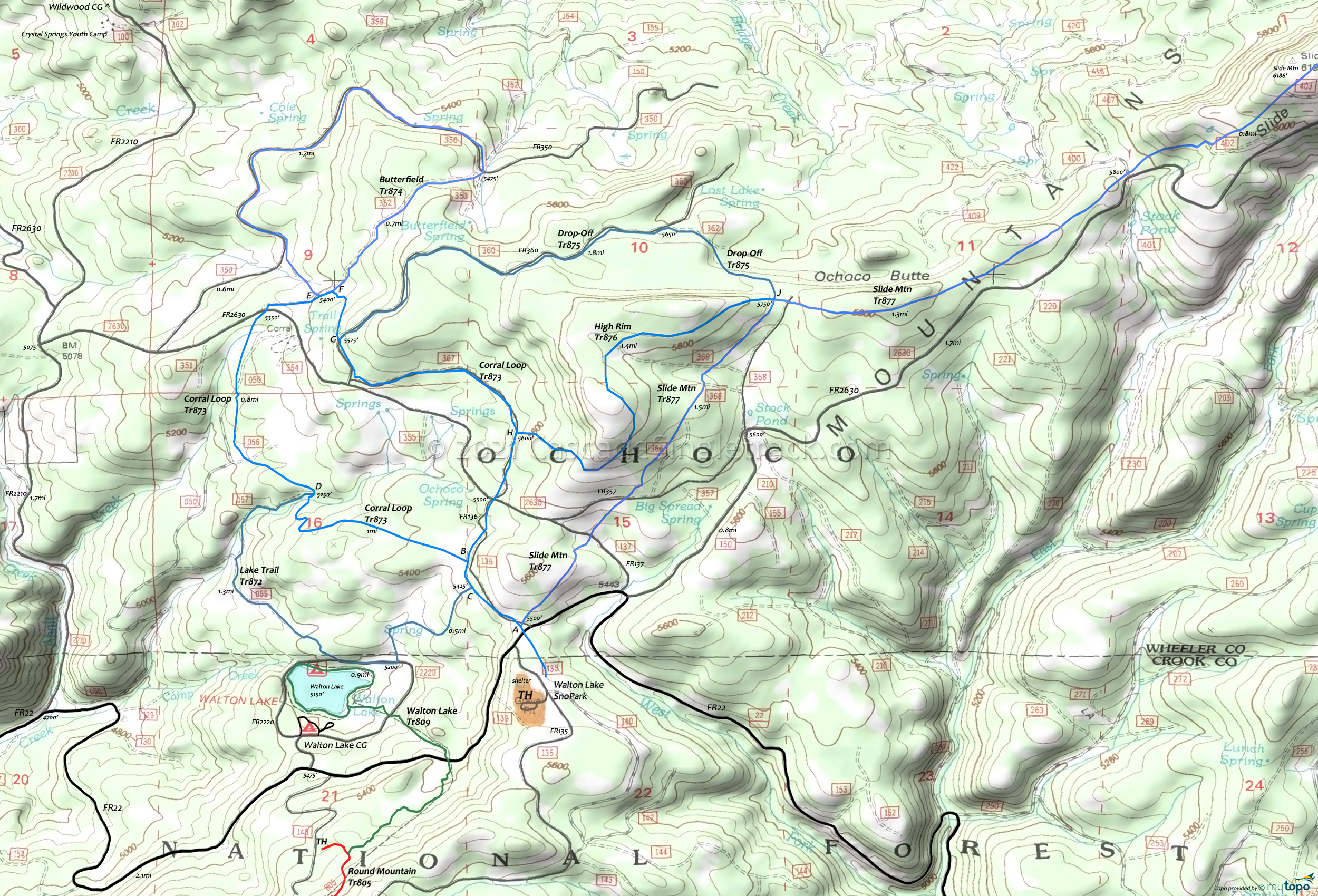 Walton Snopark XC Trails Area Topo Map