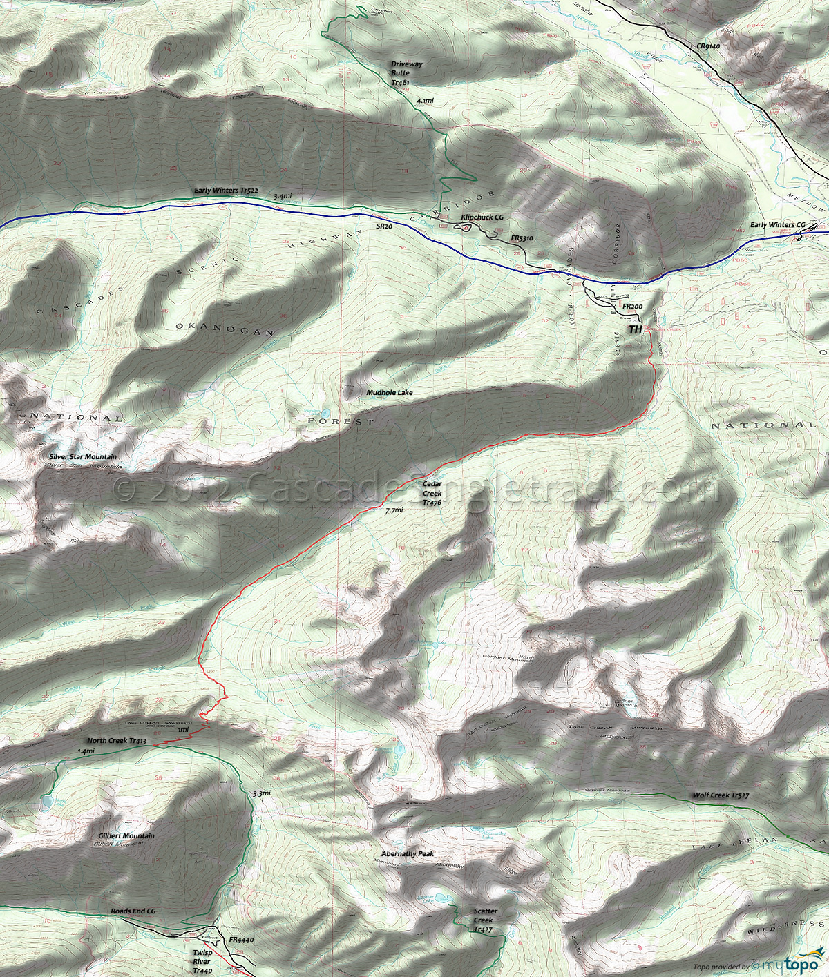 Cedar Creek Trail 476, Driveway Butte Trail 481, Early Winters Trail 522, North Creek Trail 413 Area Topo Map