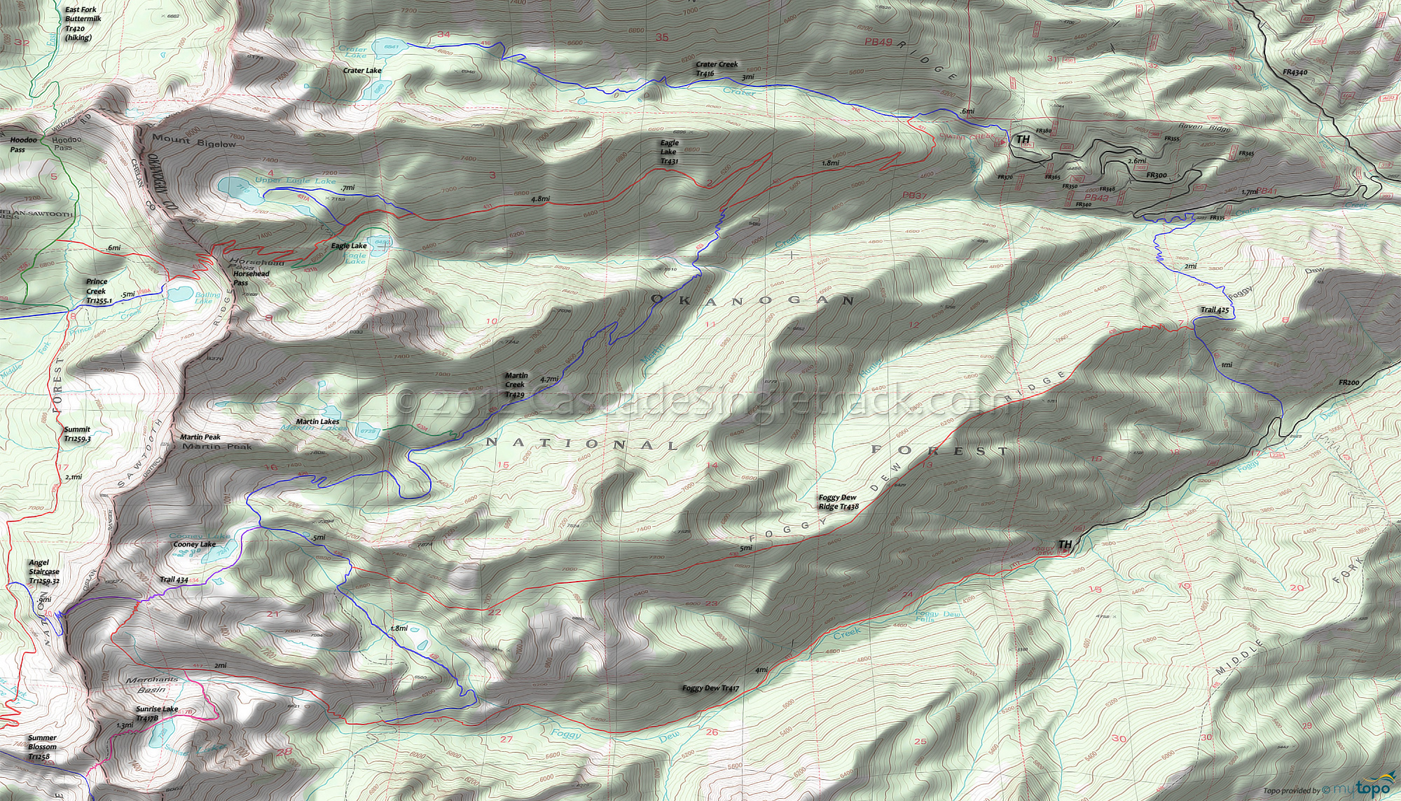 Angel Staircase Trail 1259.32, Crater Creek Trail 416, Eagle Lake Trail 431, Foggy Dew Trail 417, Martin Creek Trail 429, Prince Creek Trail 1255.1, Summit Trail 1259.3 Area Topo Map