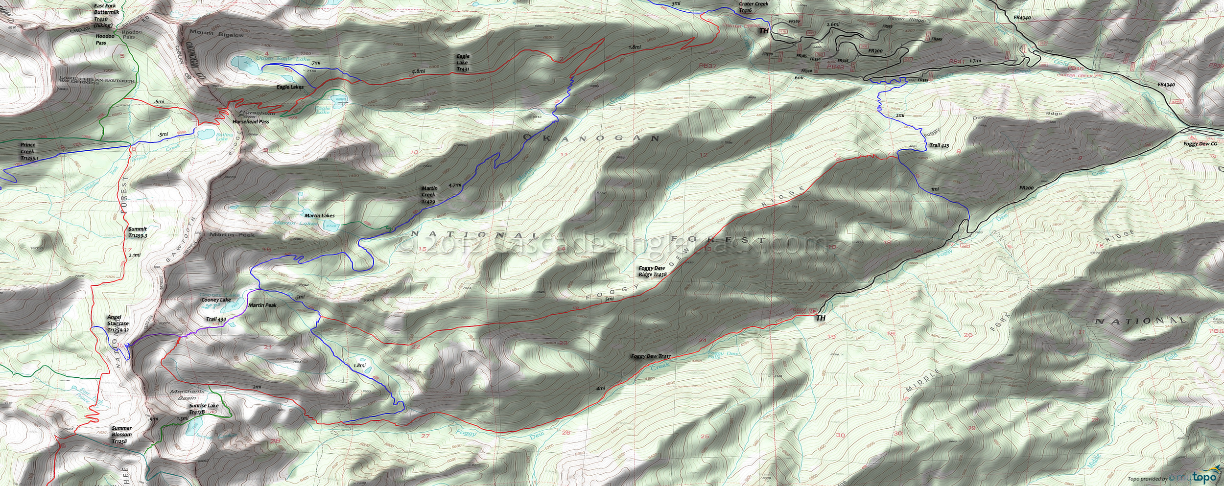 Angel Staircase Trail 1259.32, Foggy Dew Trail 417, Foggy Dew Ridge Trail 438, Martin Creek Trail 429, Sunrise Lake Trail 417B Area Topo Map