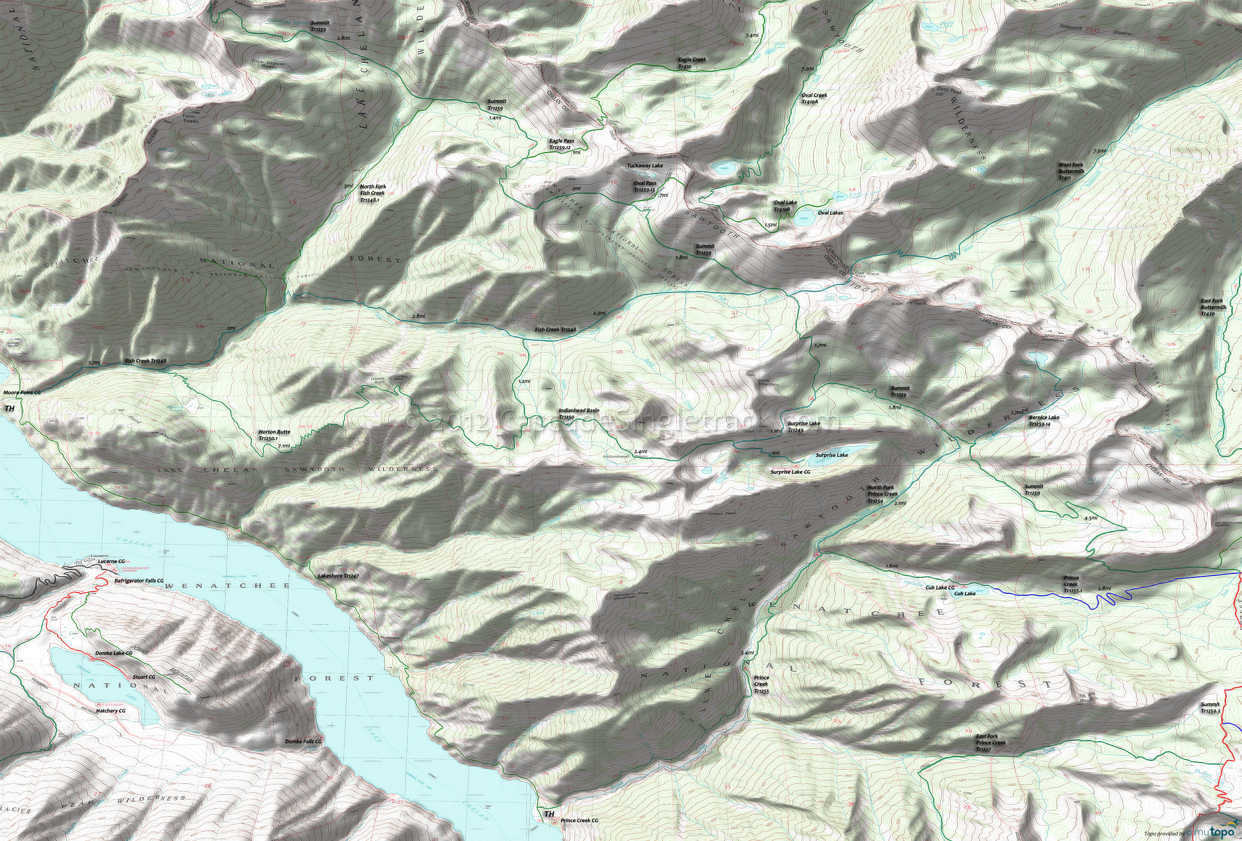 Fish Creek Trail 1248, Horton Butte Trail 1250.1, Indianhead Basin Trail 1250, Lakeshore Trail 1247, Prince Creek Trail 1255, Summit Trail 1259, Surprise Lake Trail 1249 Area Topo Map