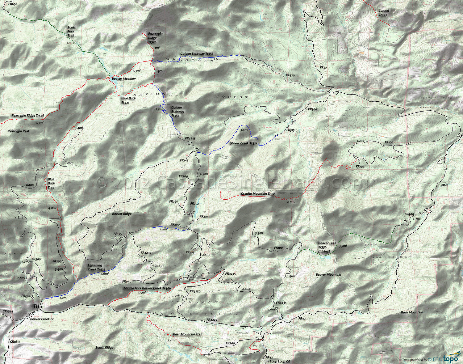 Bear Mountain Trail, Blue Buck Trail 421, Golden Stairway Trail 354, Granite Mountain Trail 355, Lightning Creek Trail 425, Middle Fork Beaver Creek Trail 406, Shrew Creek Trail 321, South Fork Trail Area Topo Map