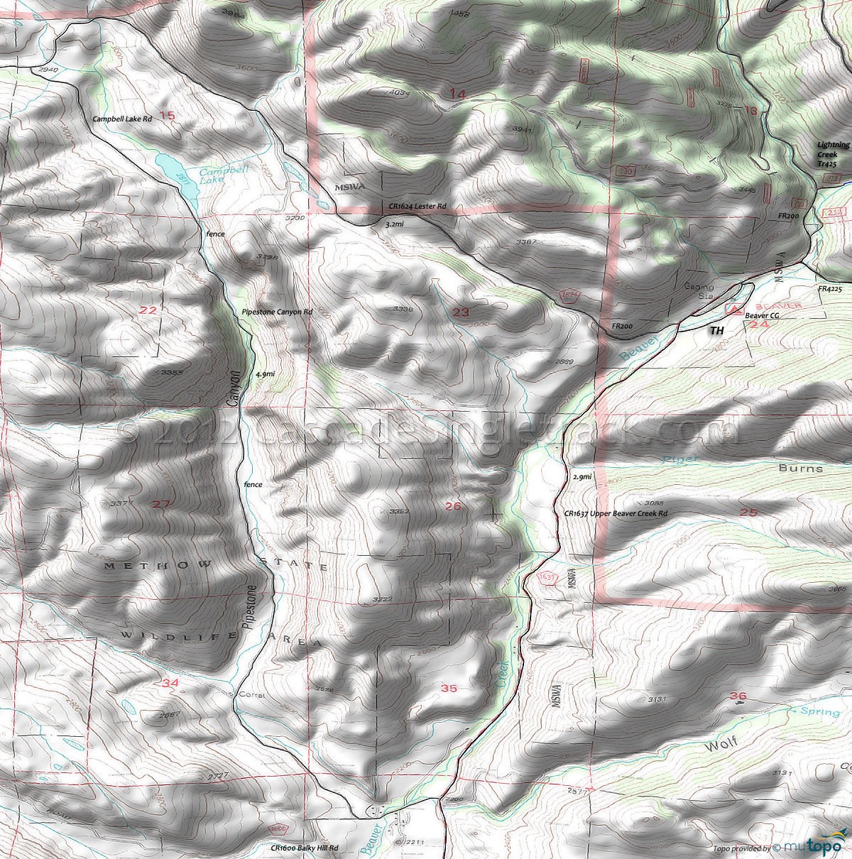 Pipestone Canyon Trail Area Topo Map