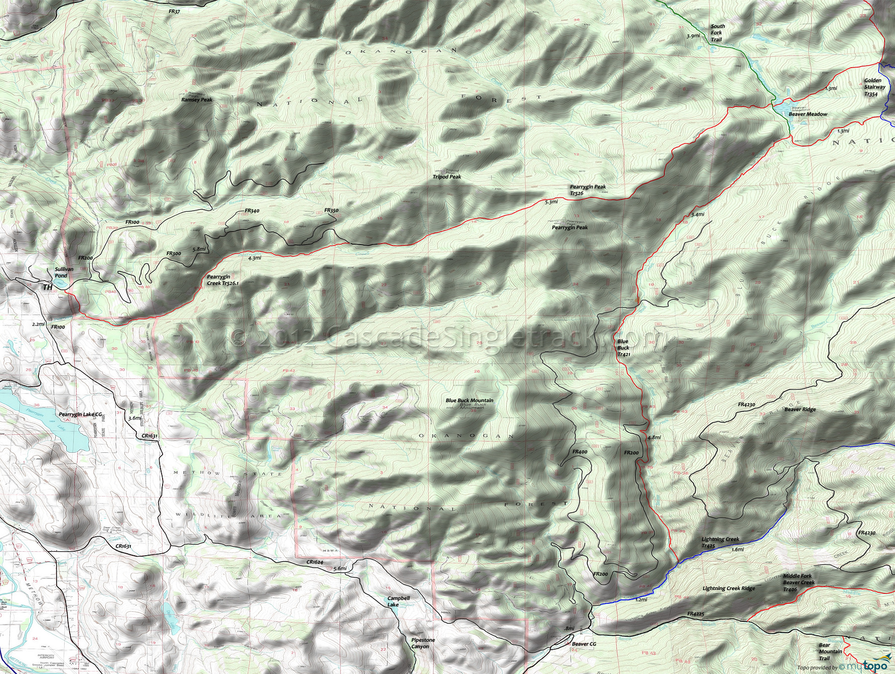 Blue Buck Trail 421, Lightning Creek Trail 425, Pearrygin Creek Trail 526.1, Pearrygin Ridge Trail 526 Area Topo Map