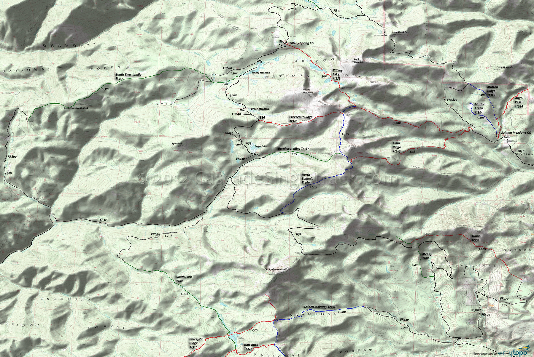 Angel Pass Trail 344, Bernhardt Mine Trail 367, Clark Ridge Trail 363, Freezeout Ridge Trail 345, Mutton Ridge Trail 365, North Summit Trail 369, South Twentymile Trail 512, Tiffany Lake Trail 373, Tunnel Trail 353 Area Topo Map