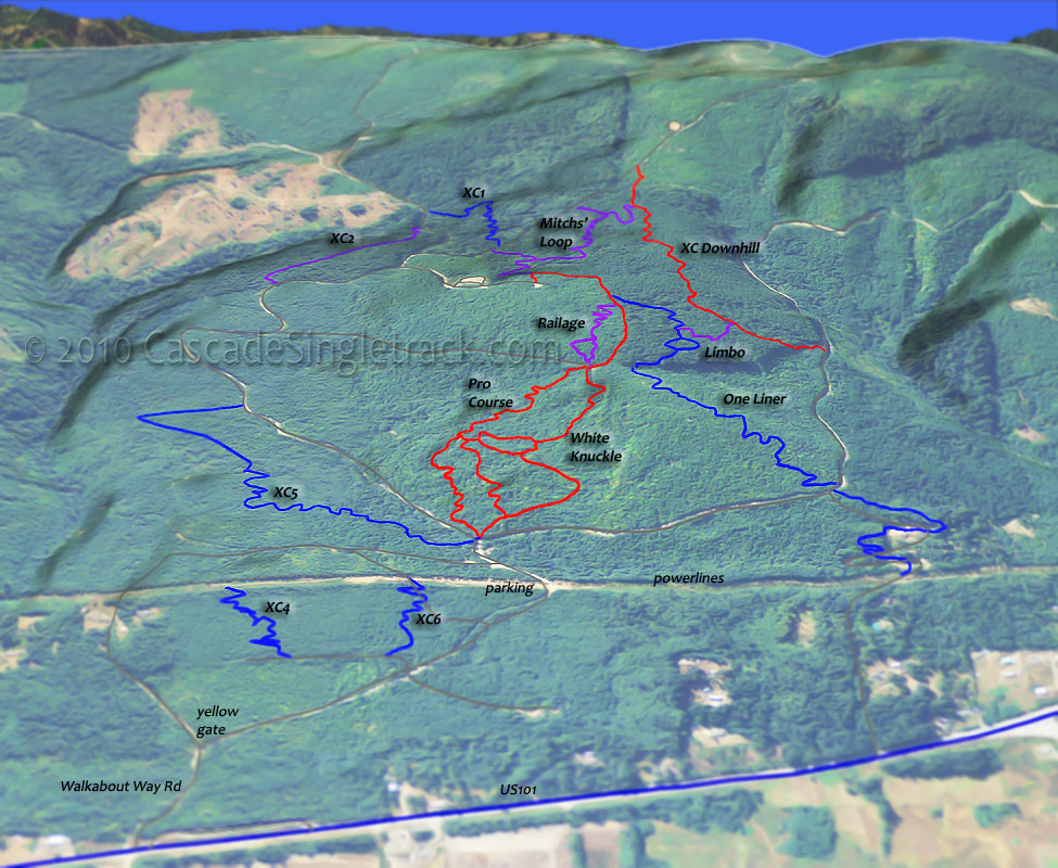 Dry Hill: Beeline, Cakewalk, Limbo, Mitchs' Loop, One Liner, Pro Course, Railage, White Knuckle, XC Downhill Trails Topo Map