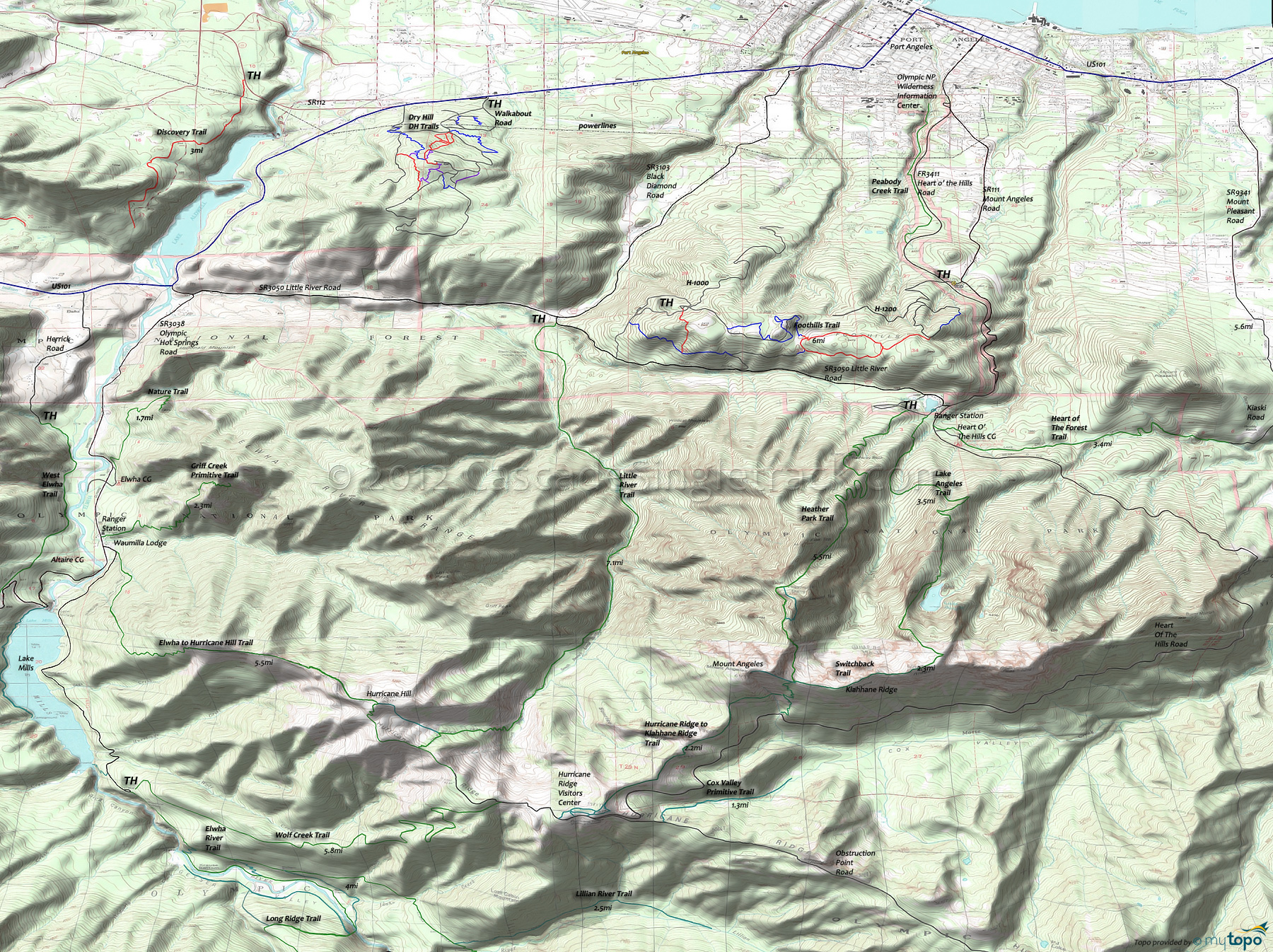 Dry Hill Trails, Foothills Singletrack Trail, Heather Park Trail, Lake Angeles Trail, Lillian River Trail, Little River Trail Area Topo Map