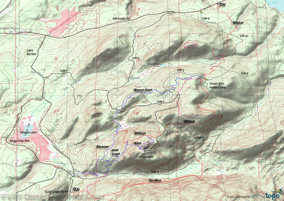 Gold and Green Mountain: Gold Creek, Wildcat, Tin Mine, Plummer, Beaver Pond Trails Topo Map