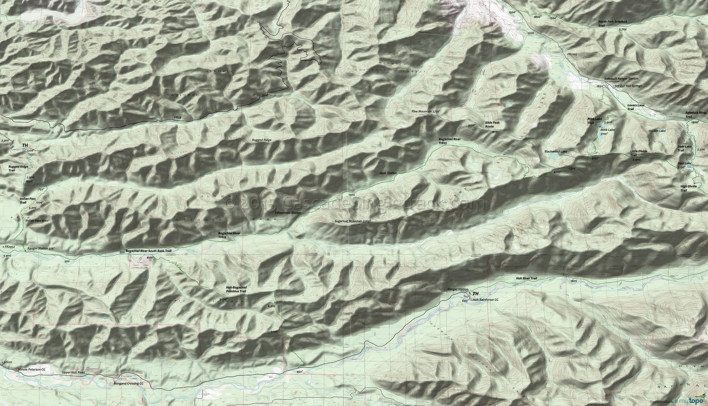 Aurora Ridge Trail, Bogachiel River Trail 825, Bogachiel River South Bank Trail, Hoh-Bogachiel Primitive Trail, Indian Pass Trail, Rugged Ridge Trail Area Topo Map