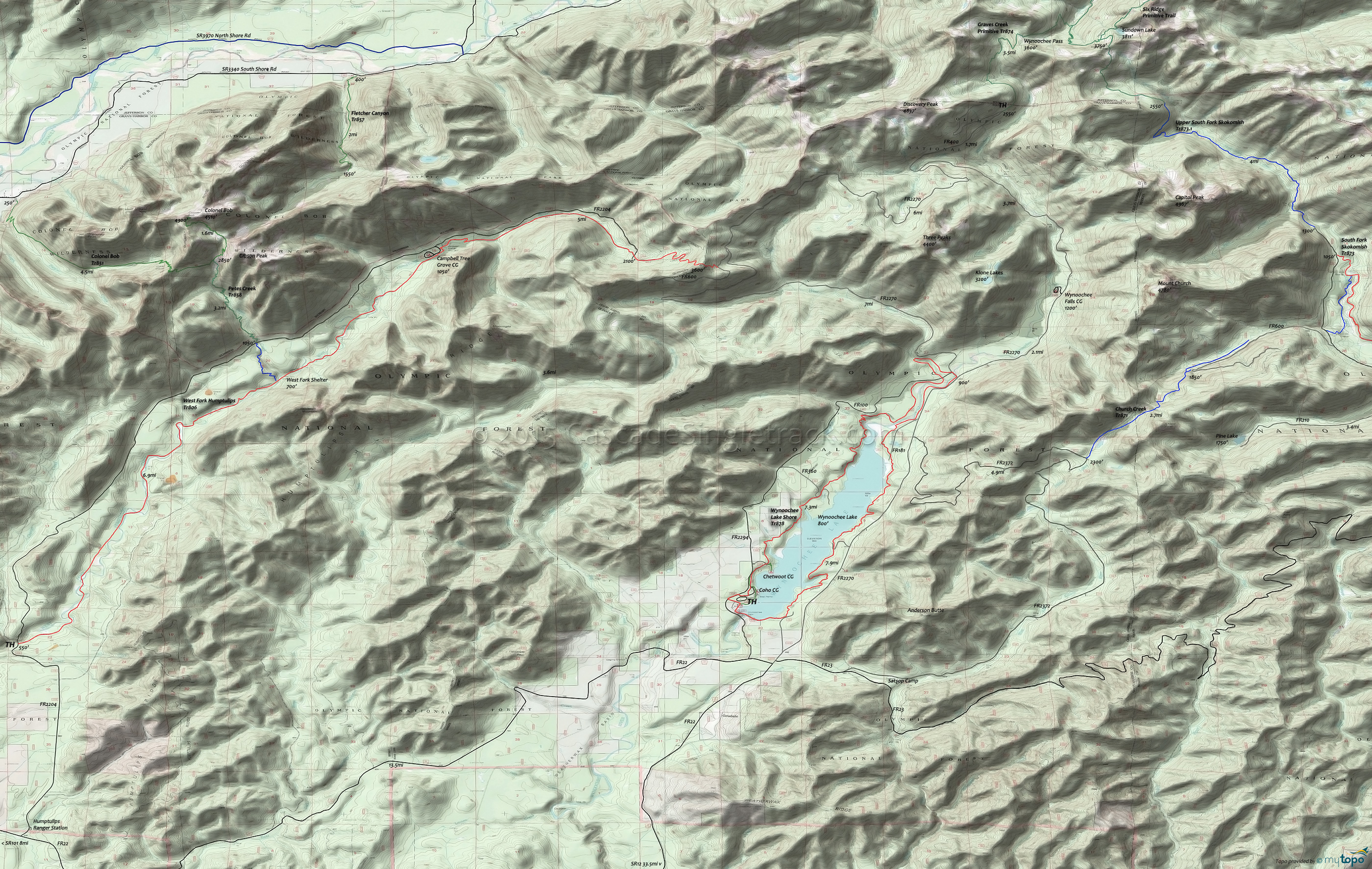 Colonel Bob Trail 851, Fletcher Canyon Trail 857, Pete's Creek Trail 858, West Fork Humptulips Trail 806, Wynoochee Lake Shore Trail 878 Area Topo Map
