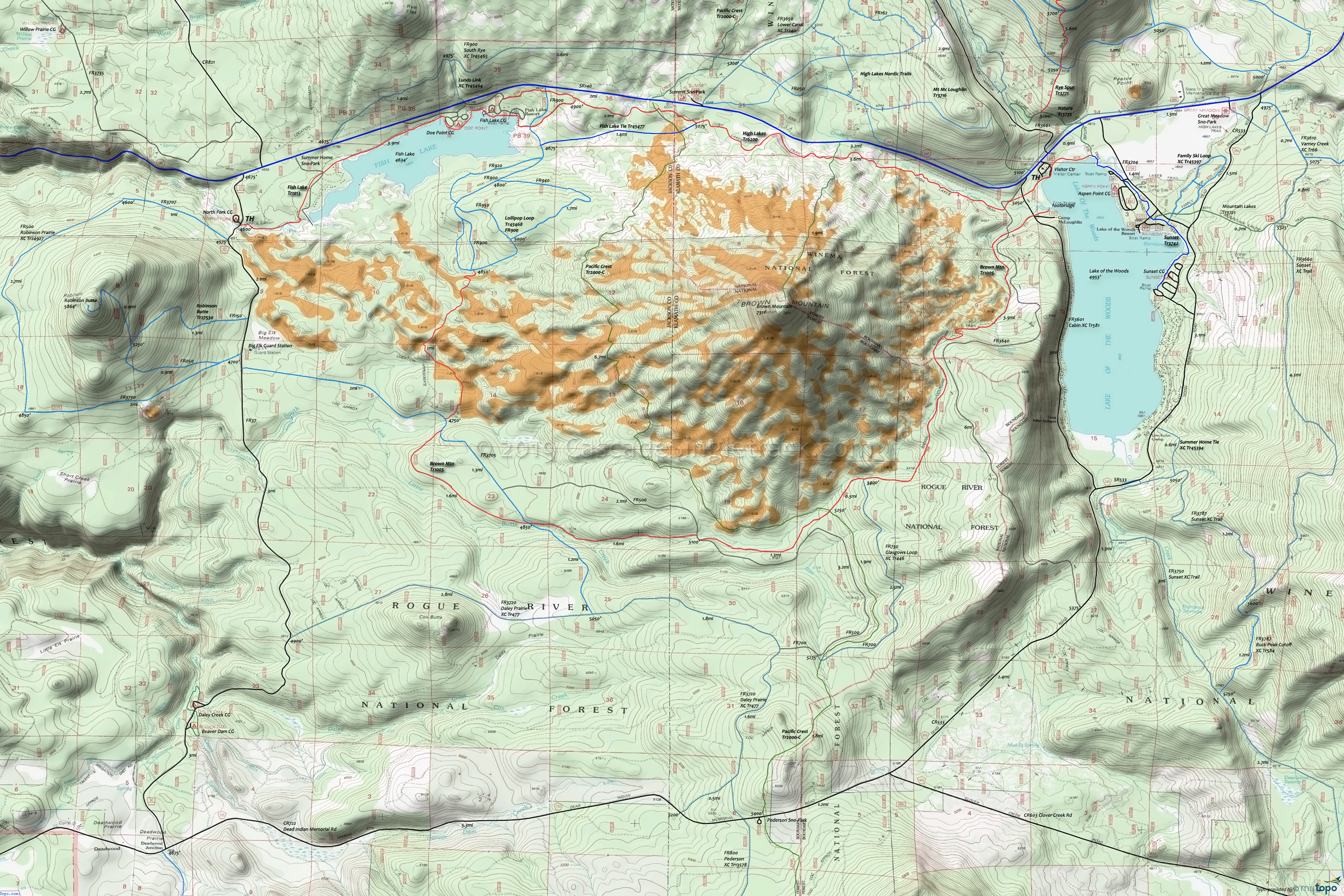 Brown Mountain Trail 1005, Fish Lake Trail 1013, Fish Lake Tie Trail 45477, High Lakes Trail 6200, Lollipop Loop Trail 45468, Robinson Butte Trail 27530 Trails Area Topo Map