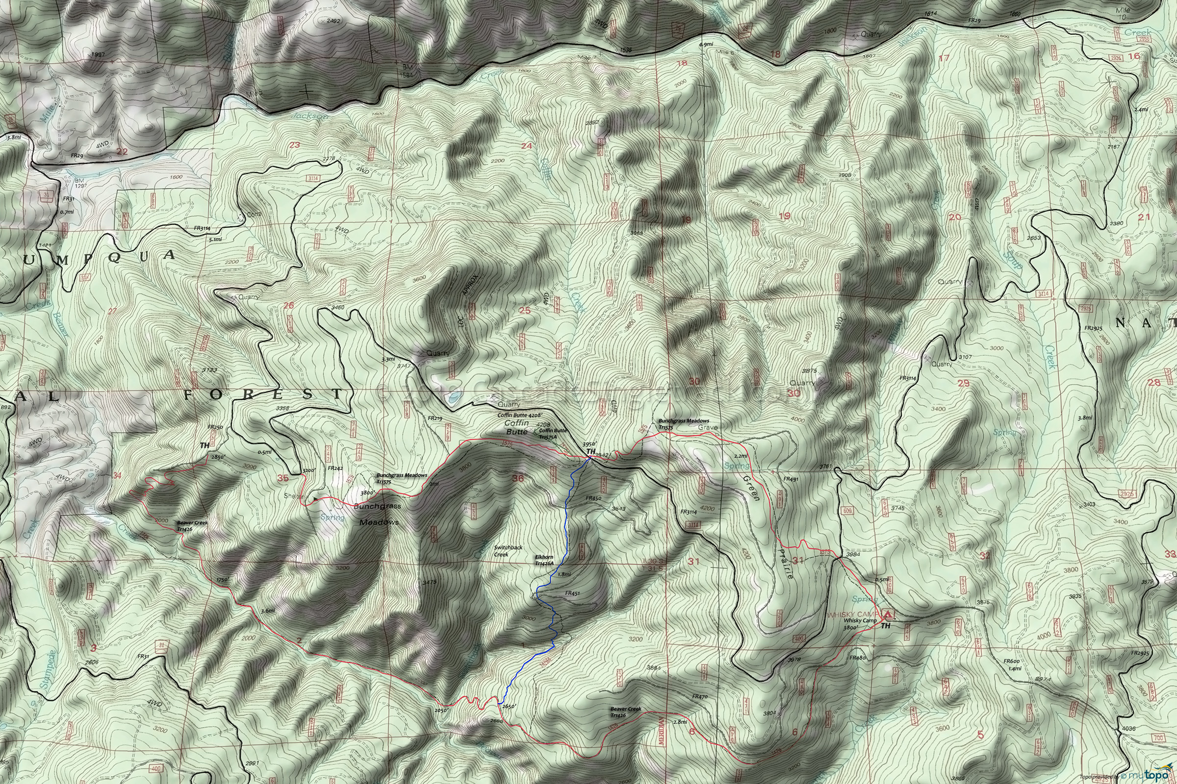 Beaver Creek, Bunchgrass Meadows Trails Area Topo Map