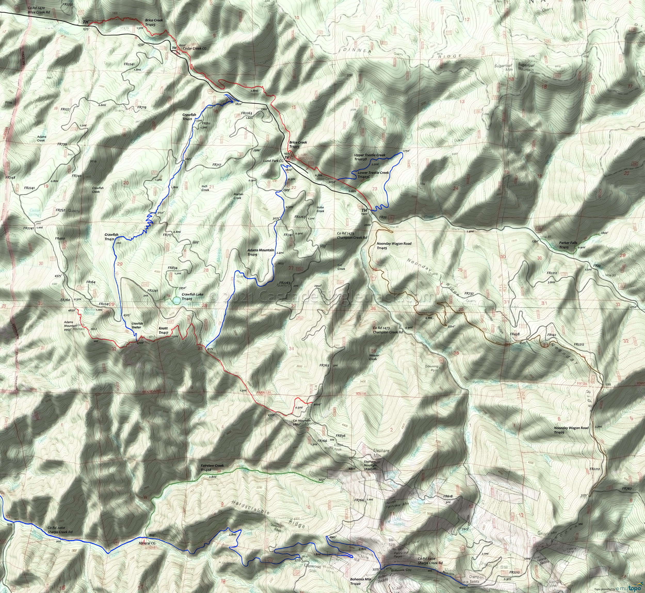 Adams Mountain Trail 1419, Brice Creek Trail 1403, Crawfish Trail 1421, Knott Trail 1417, Noonday Wagon Road Trail 1405, Upper Trestle Creek Trail 1403D Area Topo Map