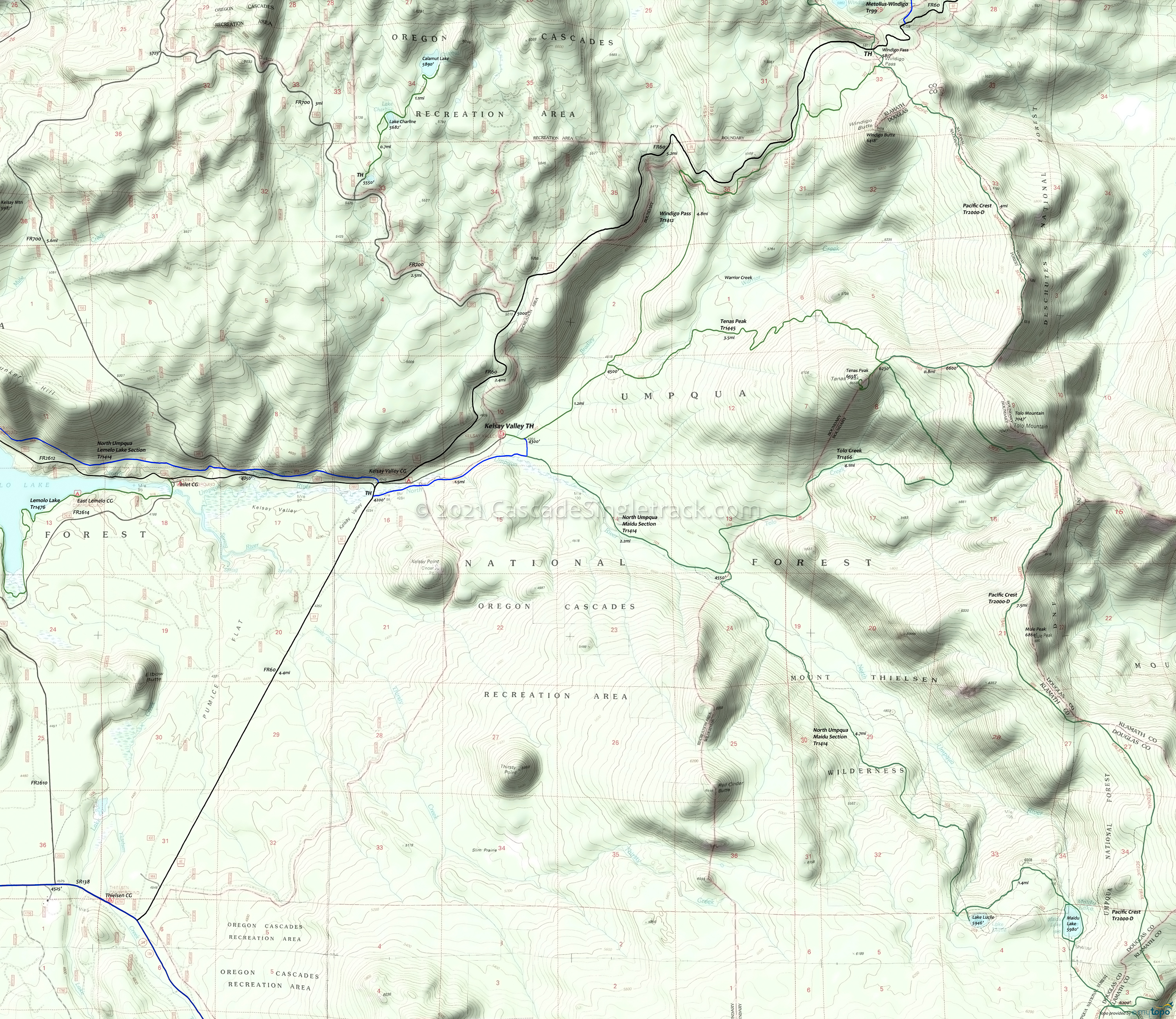 Maidu Lake Tr1414, Pacific Crest Tr2000-D, Calamut Lake Tr1494, Windigo Pass Tr1412, Tenas Peak Tr1445, Tolo Creek Tr1466 Area Topo Map