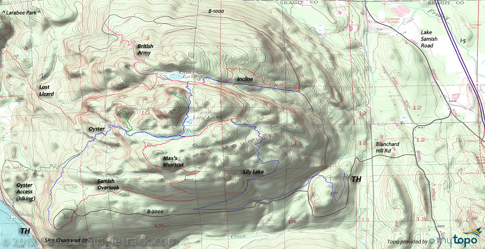 Blanchard Hill: Lily Lake, Oyster Dome, Samish Overlook, British Army, Lost Lizard, Max's Shortcut Trails Topo Map