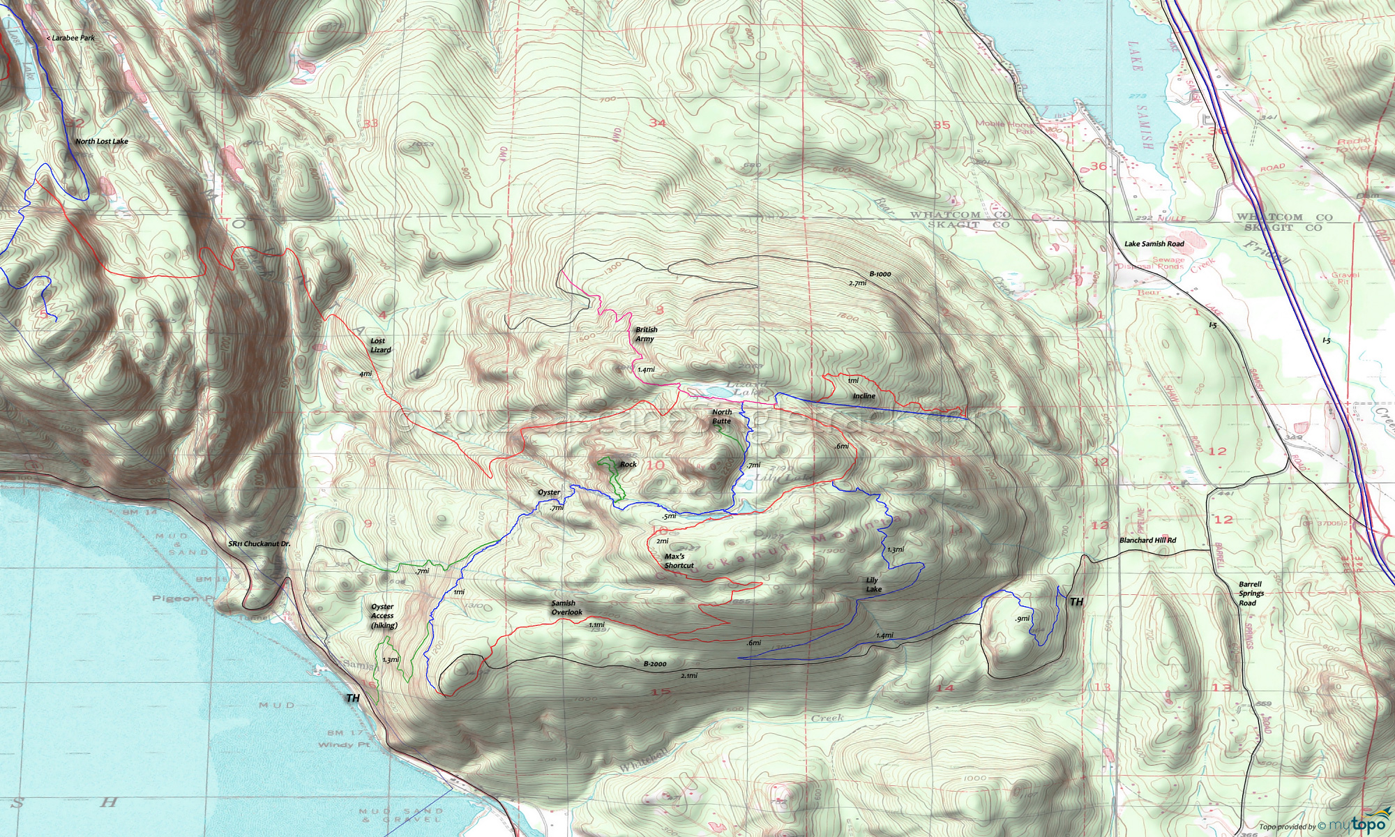 British Army Trail, Incline Trail, Lily Lake Trail, Lost Lizard Trail, Max's Shortcut Trail, North Butte Trail, Oyster Trail, Rock Trail, Samish Overlook Trail Area Topo Map