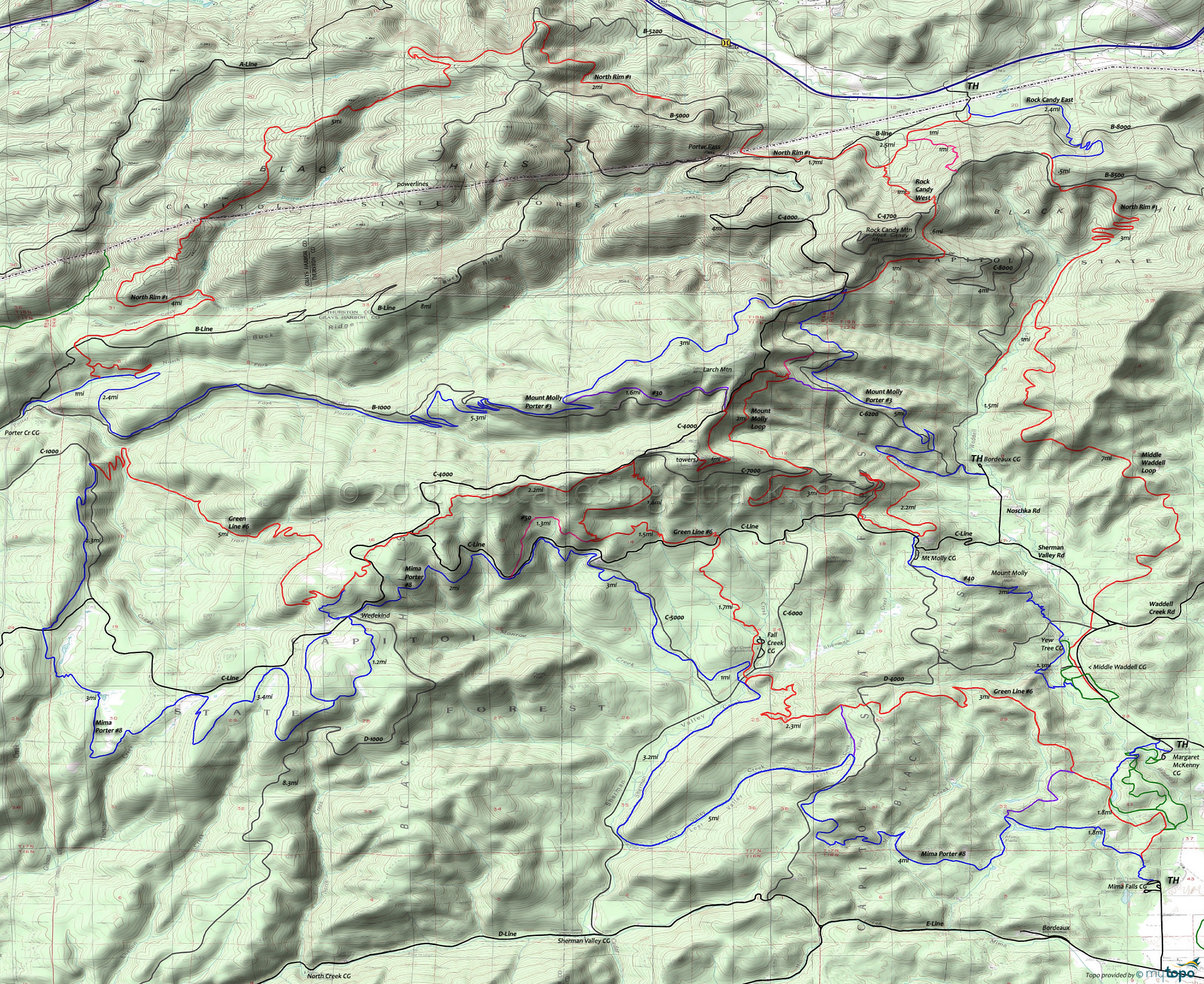 Capitol Forest Trails: Green Line Trail 6, Mima Porter Trail 8, Mount Molly Trail 40, North Rim Trail 1, Rock Candy East Trail, Waddell Loop Trail Area Topo Map