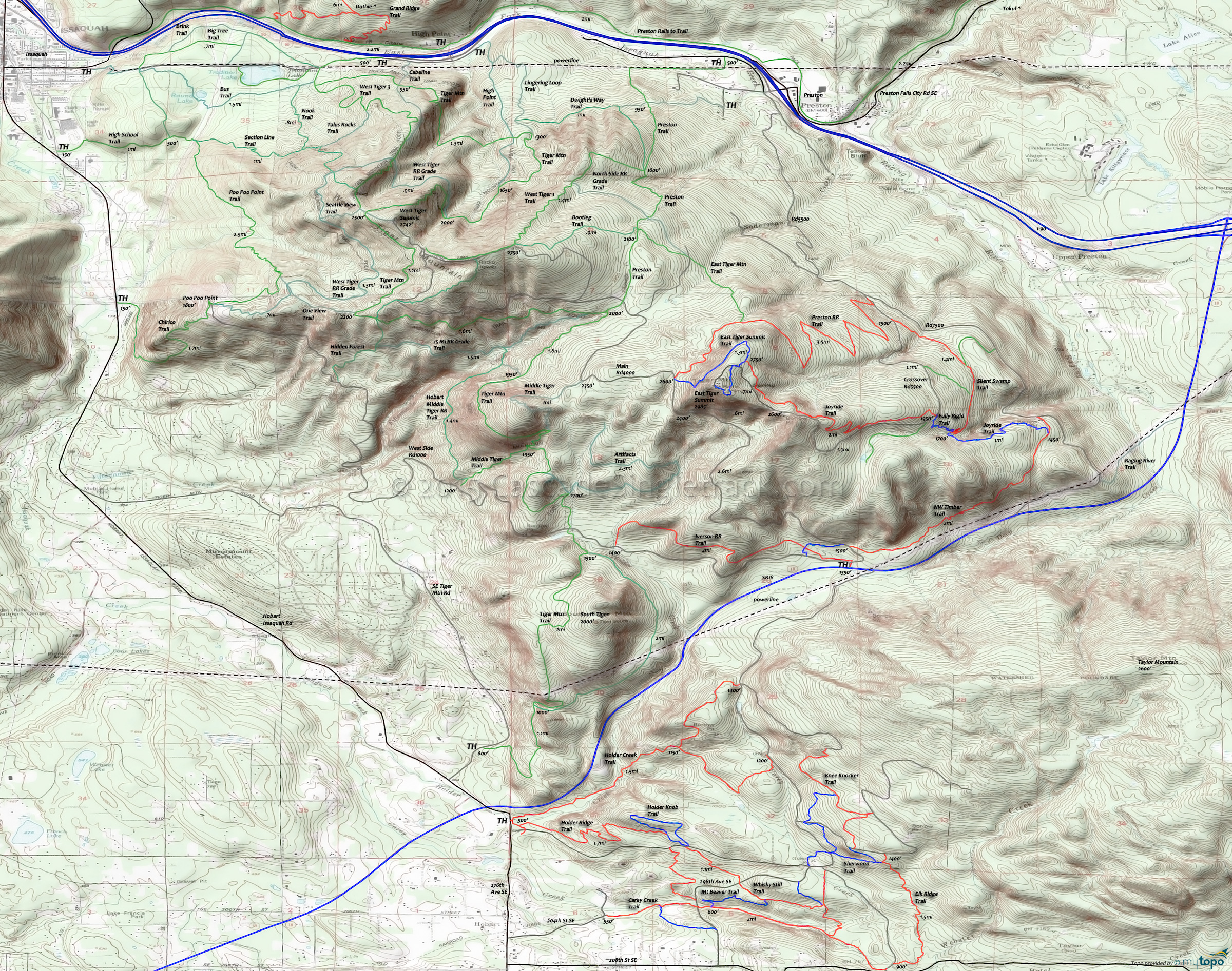 Tiger/Taylor Mountain: Beaver Pond Trail, Boot Trail, Carey Creek Trail, Elk Ridge Trail, Hermit Trail, Holder Creek Trail, Holder Knob Trail, Holder Ridge Trail, Knee Knocker Trail, Mount Beaver Trail, Sherwood Trail, Watershed Trail, Whiskey Still Trail Area Topo Map