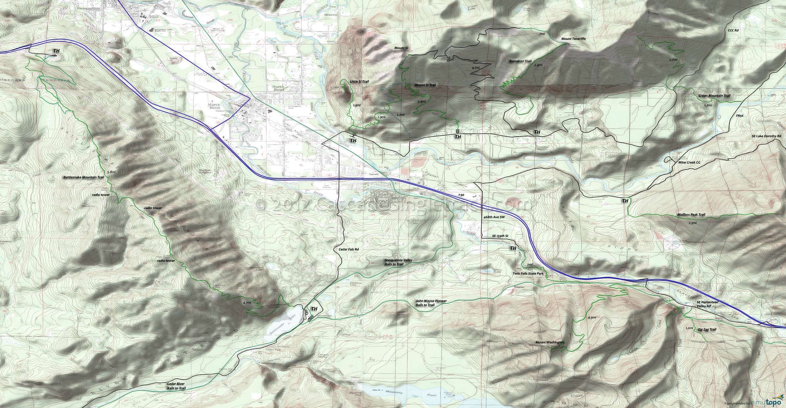 Green Mountain Trail, John Wayne Rails to Trail, Kamikaze (to Mount Teneriffe) Trail, Little Si Trail, Mailbox Peak Trail, Mount Si Trail, Mount Washington Trail, Rattlesnake Mountain Trail, Snoqualmie Valley Rails to Trail, Twin Falls Trail, Zig Zag Trail Area Topo Map