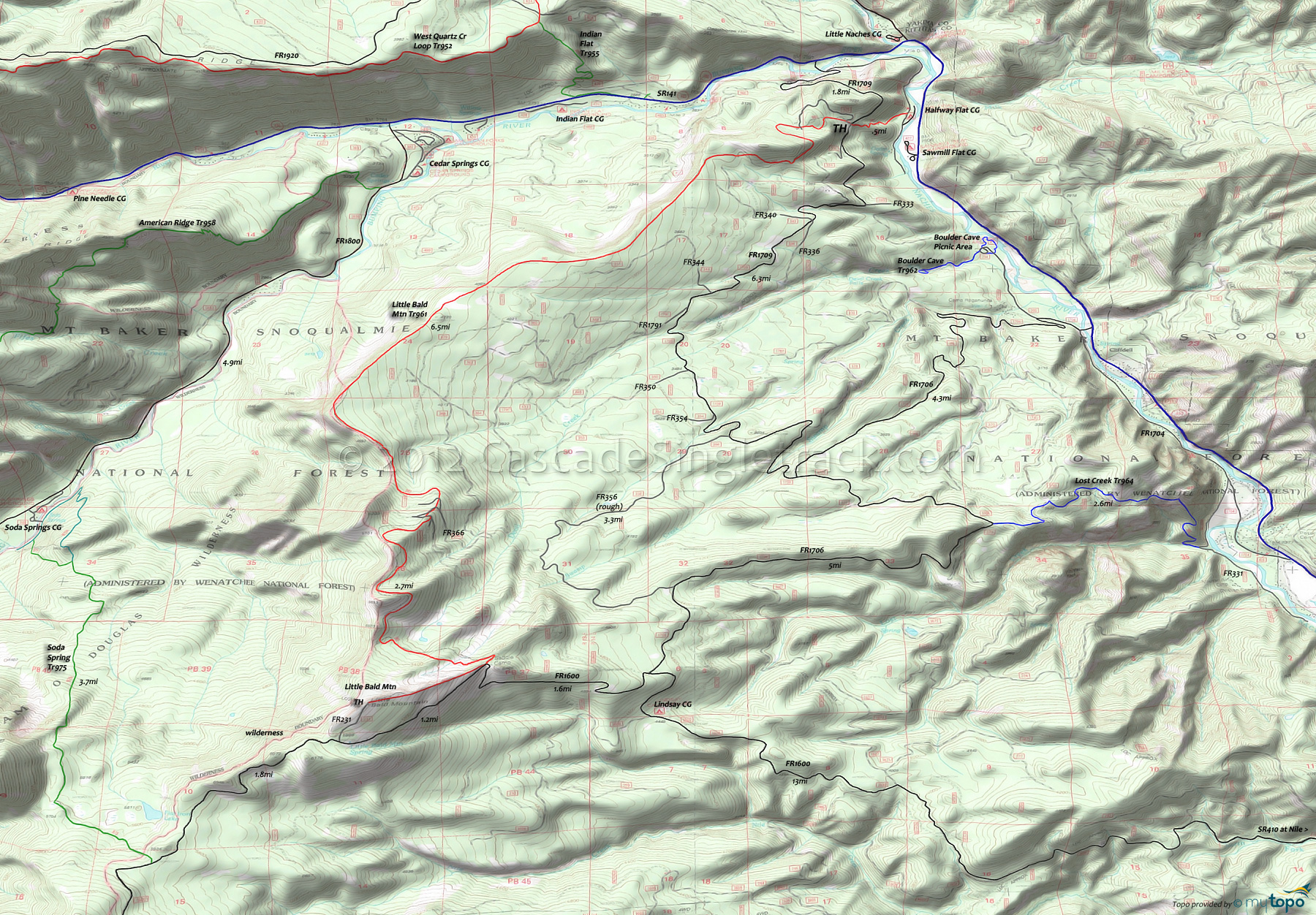 Boulder Cave Trail 962, Little Bald Mountain Trail 961, Lost Creek Trail 964, Soda Spring Trail 975 Area Topo Map