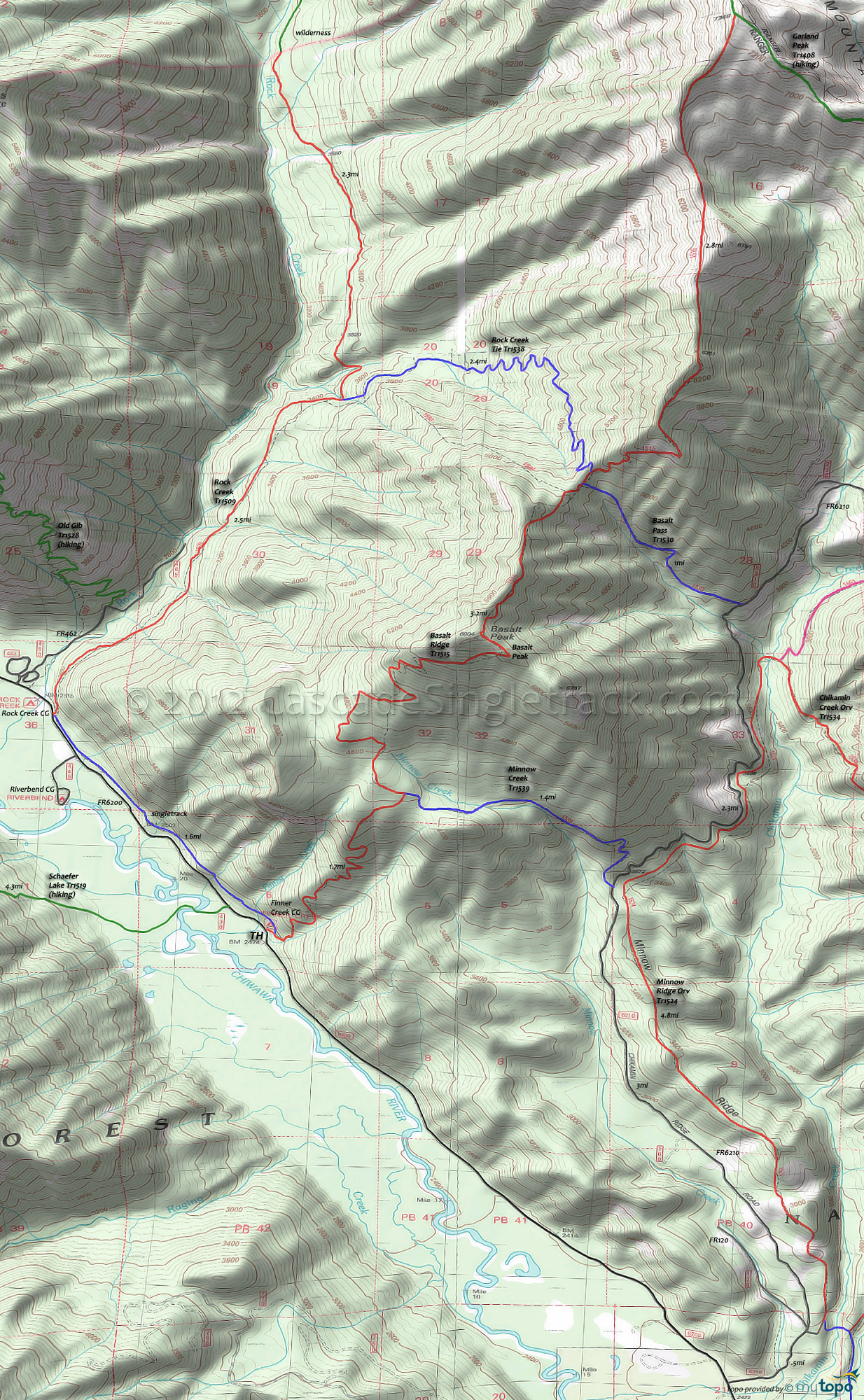 Basalt Pass Trail 1530, Basalt Ridge Trail 1515, Minnow Creek Trail 1539, Rock Creek Trail 1509, Rock Creek Tie Trail 1538 Area Topo Map