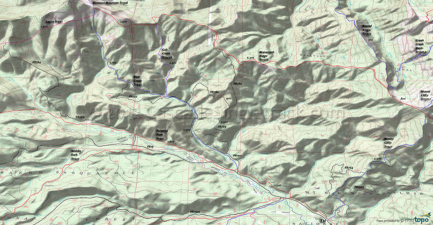 Bear Creek Trail 943, Cub Creek Trail 943A, Manastash Ridge Trail 1388, Mount Clifty Trail 947, Pyramid Peak Trail 941, Legos Trail 942, Greek Creek Basin Trail 1321.2 Area Topo Map
