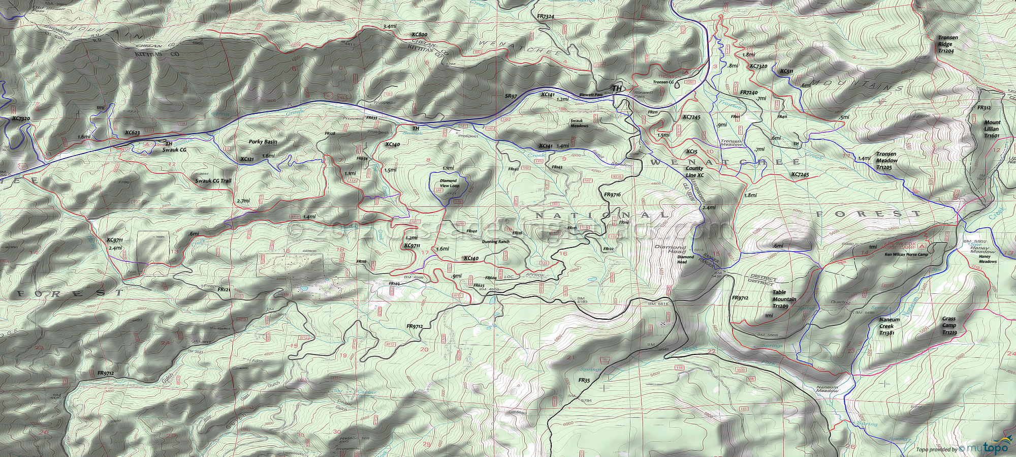 Blewett Pass XC Ski Trails: County Line, XC-006 Swauk Sno Park, XC-15, XC-111, XC-121, XC-140, XC-141, XC-623, XC-800, XC-7245, XC-7320, XC-9715 Area Topo Map
