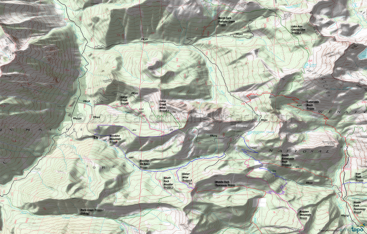 Boulder De Roux Trail 1392, Hawkins Mountain Trail 1228, Camp Creek Trail 1208, Camp Creek Mine Trail 1208.1, Elsnor Mine Trail 1392.8, Paris Creek Trail 1393.1 Area Topo Map