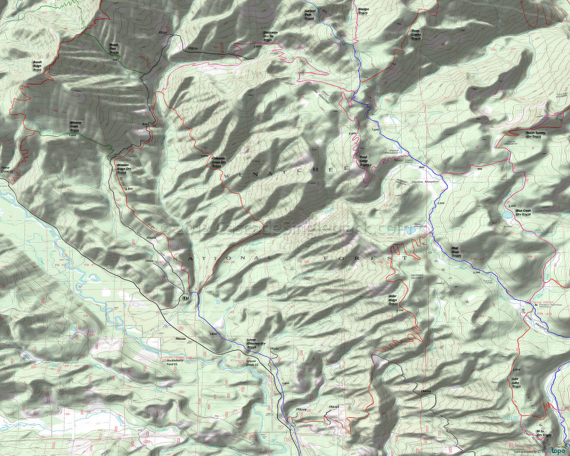 Alder Ridge Trail 1523, Chikamin Creek Trail 1534, Chiwawa Trail 1548, Mad River Trail 1409, Minnow Ridge Trail 1524 Area Topo Map