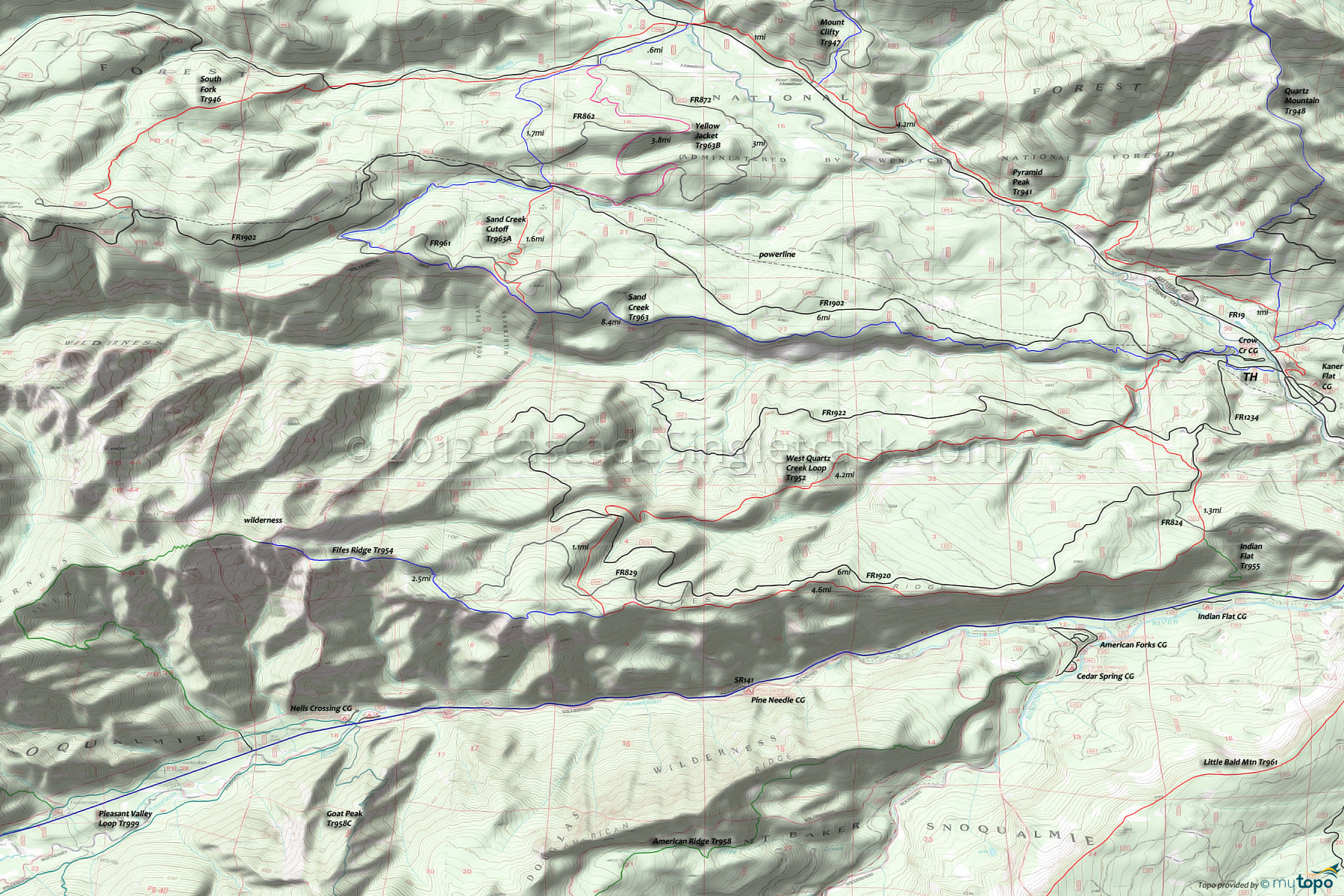 Fifes Ridge Trail 954, Pyramid Peak Trail 941, Sand Creek Trail 963, West Quartz Creek Loop Trail 952, Yellow Jacket Trail 963B Area Topo Map