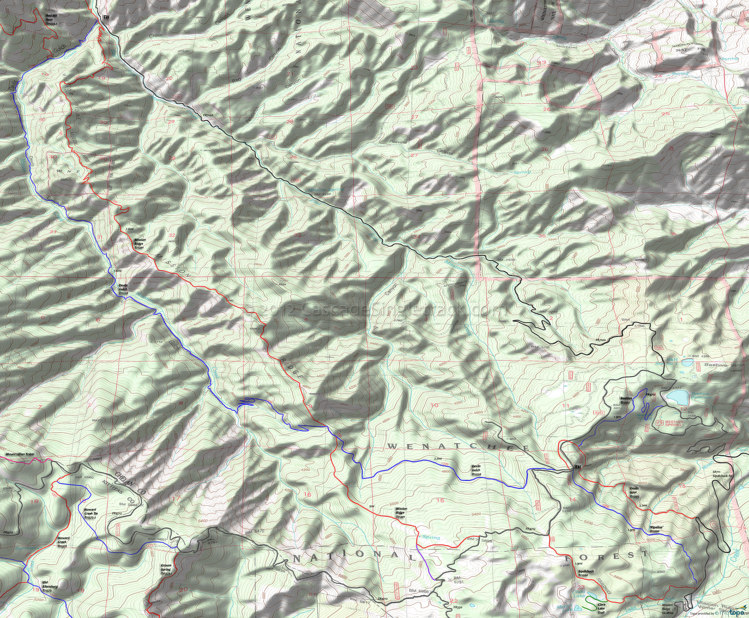 Devils Gulch Trail 1220, Devils Spur Trail 1203, Mission Ridge Trail 1201, Squilchuck 'Pipeline' Tr1200 Area Topo Map