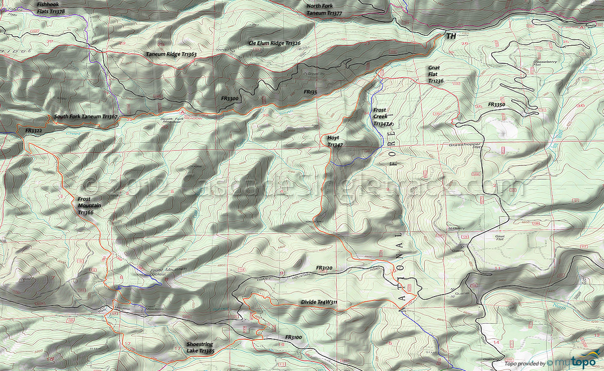 Divide Trail 4W311, Frost Mountain Trail 1366, Hoyt Trail 1347, Shoestring Lake Trail 1385, South Fork Taneum Trail 1367 Area Topo Map