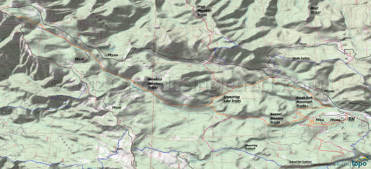 Hereford Meadows Trail 1207, Keenan Meadow Trail 1386, Shoestring Lake Trail 1385, South Fork Manastash Trail 1386.1 Area Topo Map