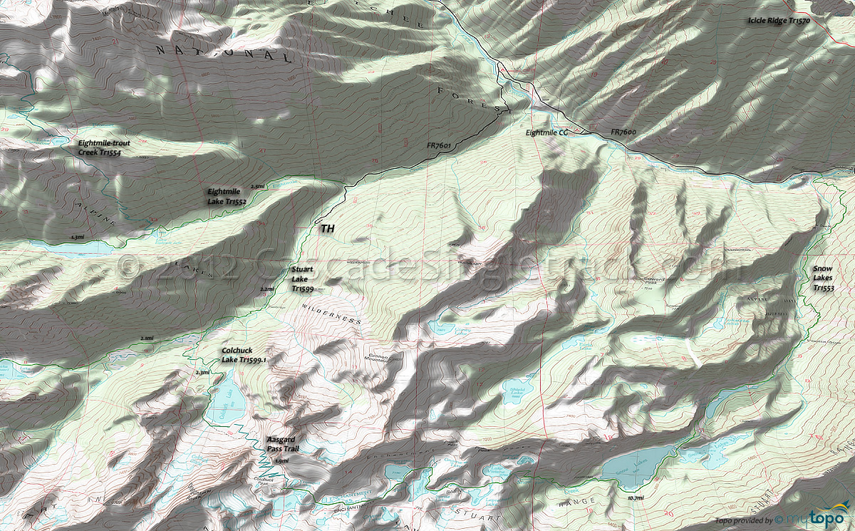 Aasgard Pass Trail, Eightmile Lake Trail 1552, Eightmile-trout Creek Trail 1554, Prusik Pass Spur Trail, Snow Lakes Trail 1553, Stuart Lake Trail 1599 Area Topo Map